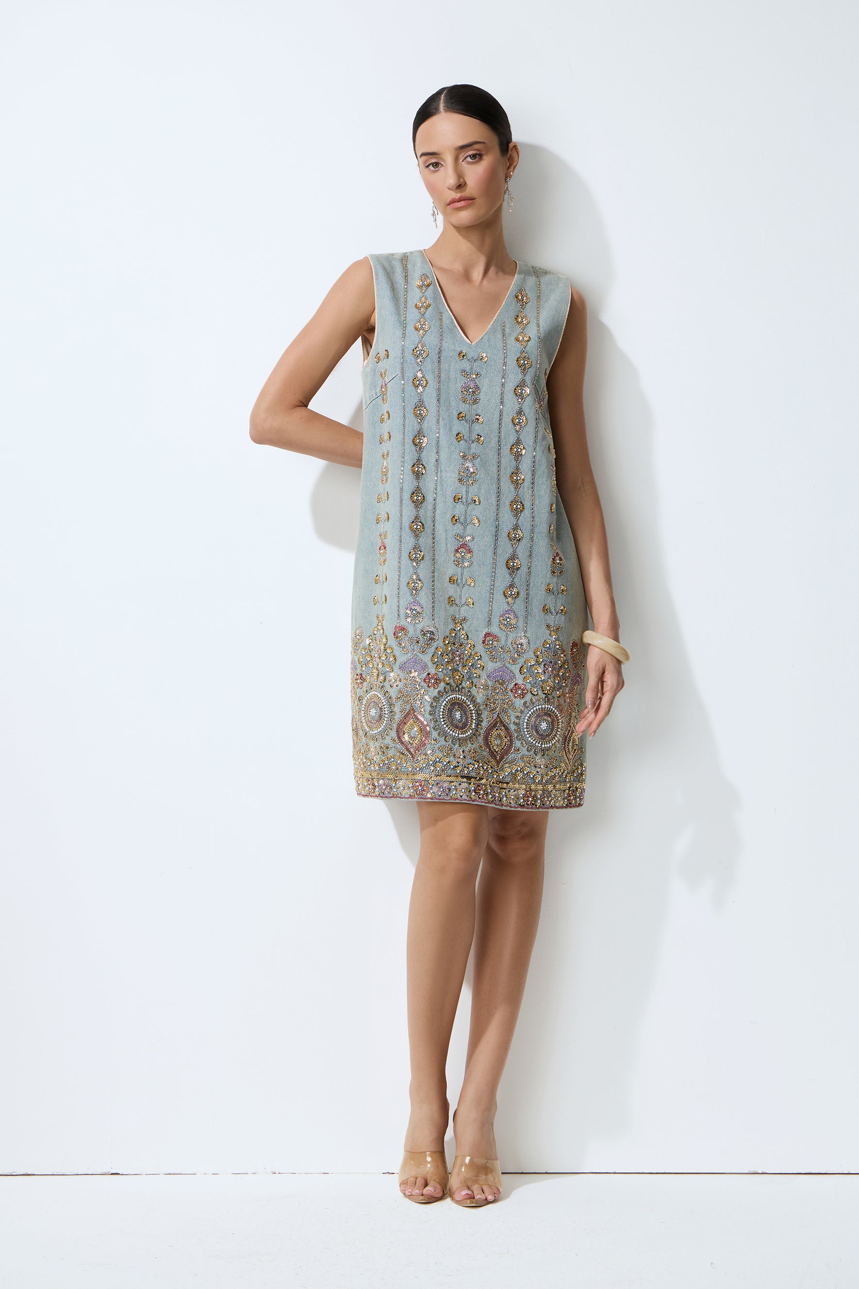Casual Crush Blue Sequin Embroidered V-Neck Mini Dress