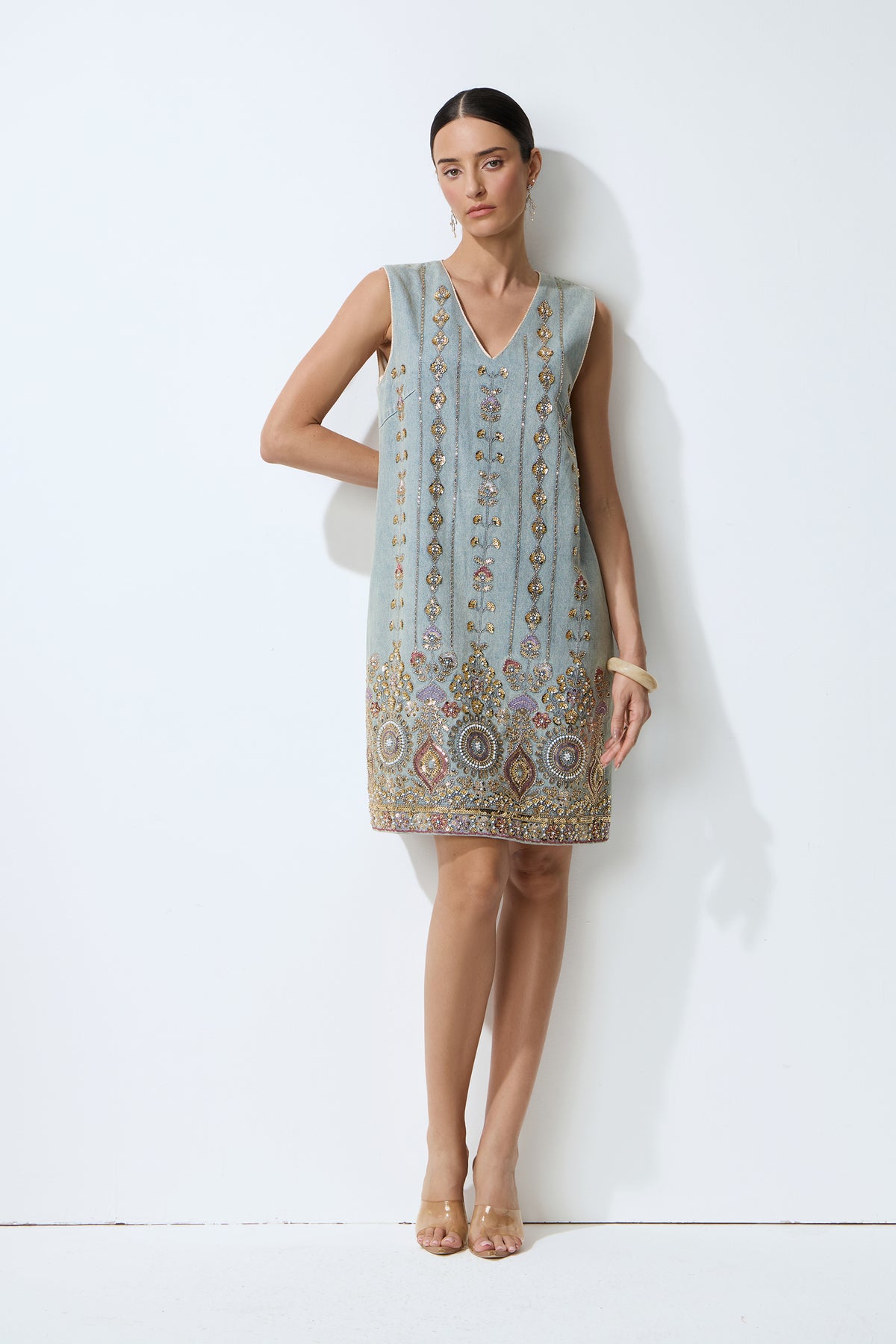 Casual Crush Blue Sequin Embroidered V-Neck Mini Dress
