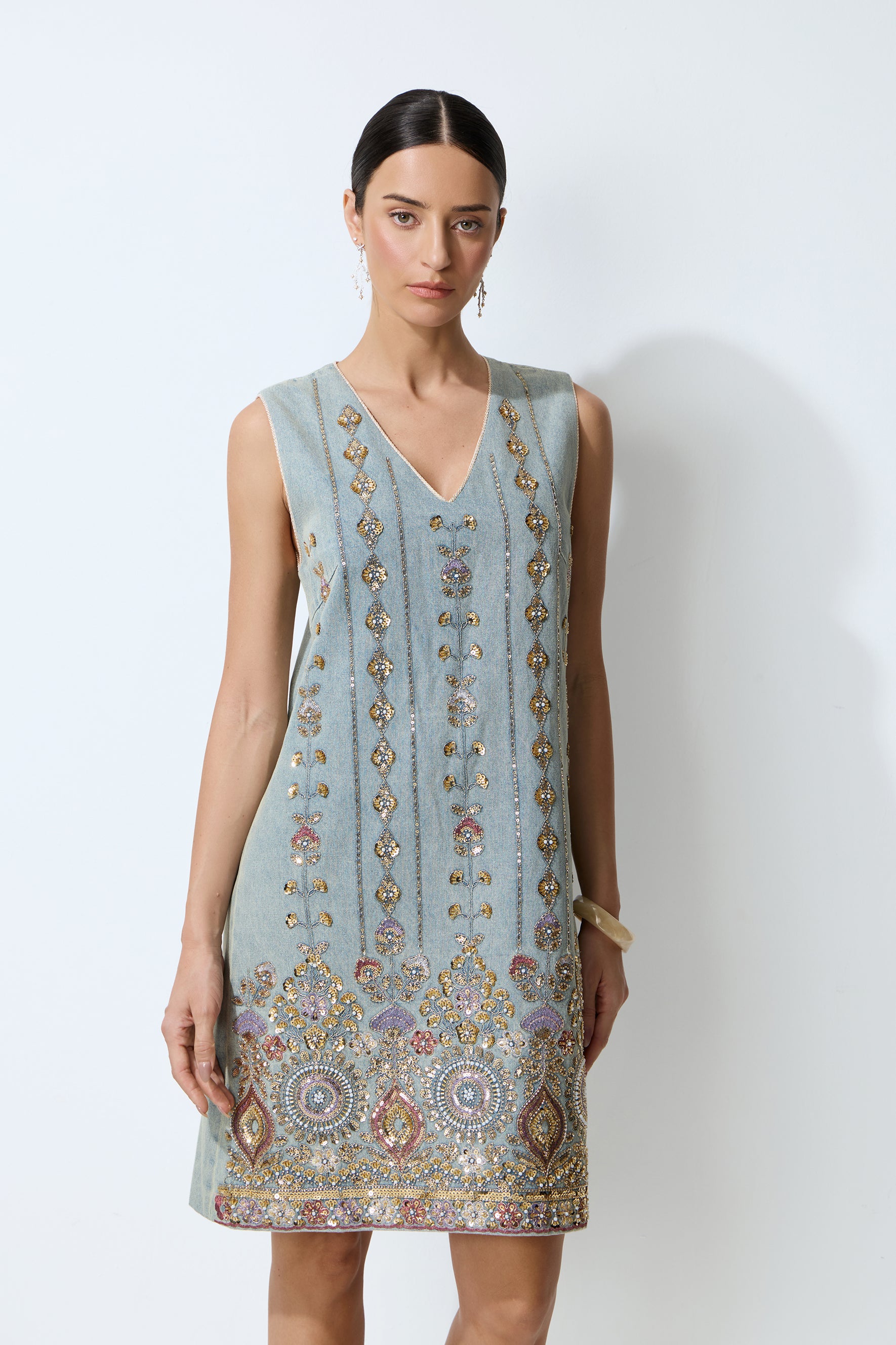 Casual Crush Blue Sequin Embroidered V-Neck Mini Dress