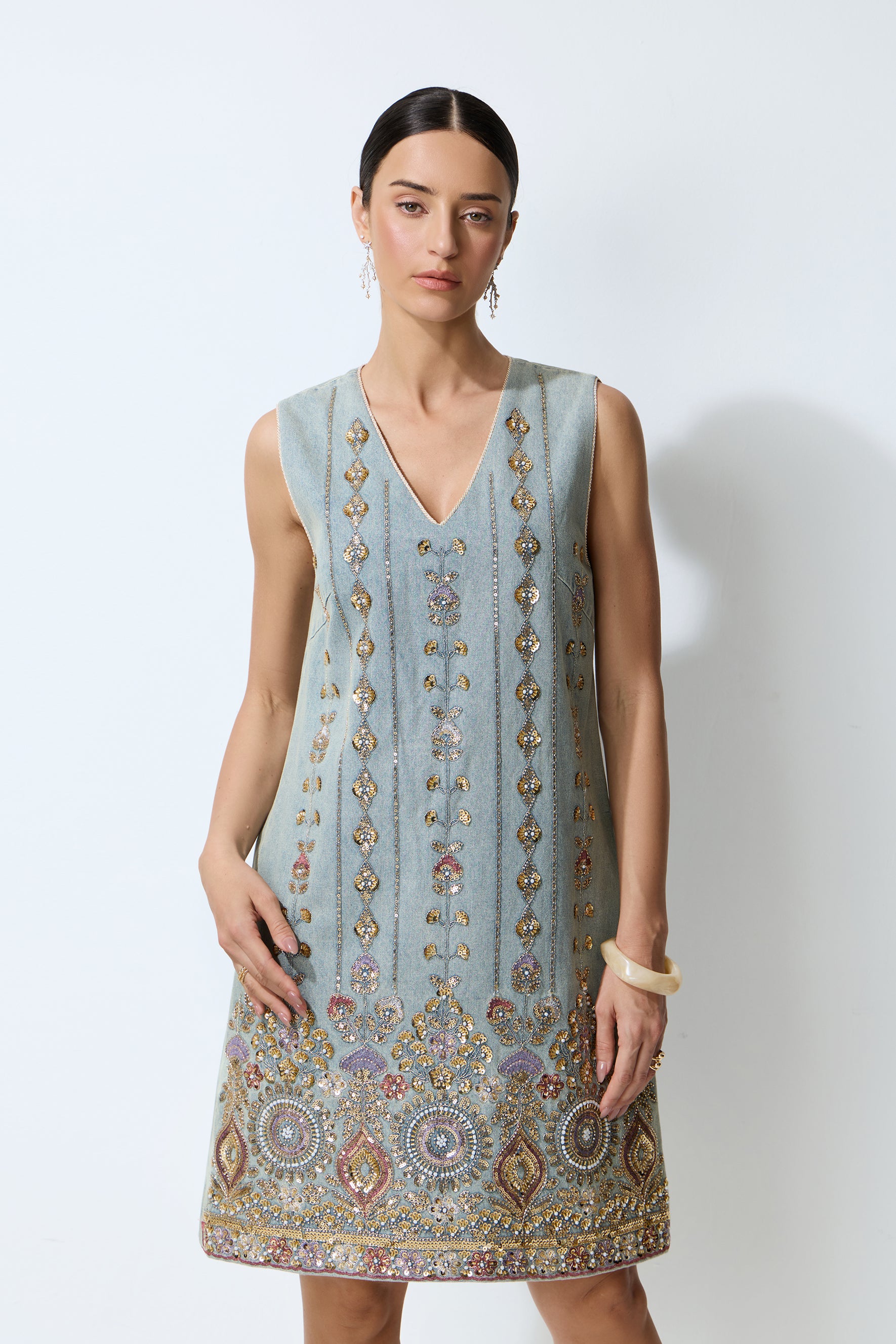 Casual Crush Blue Sequin Embroidered V-Neck Mini Dress