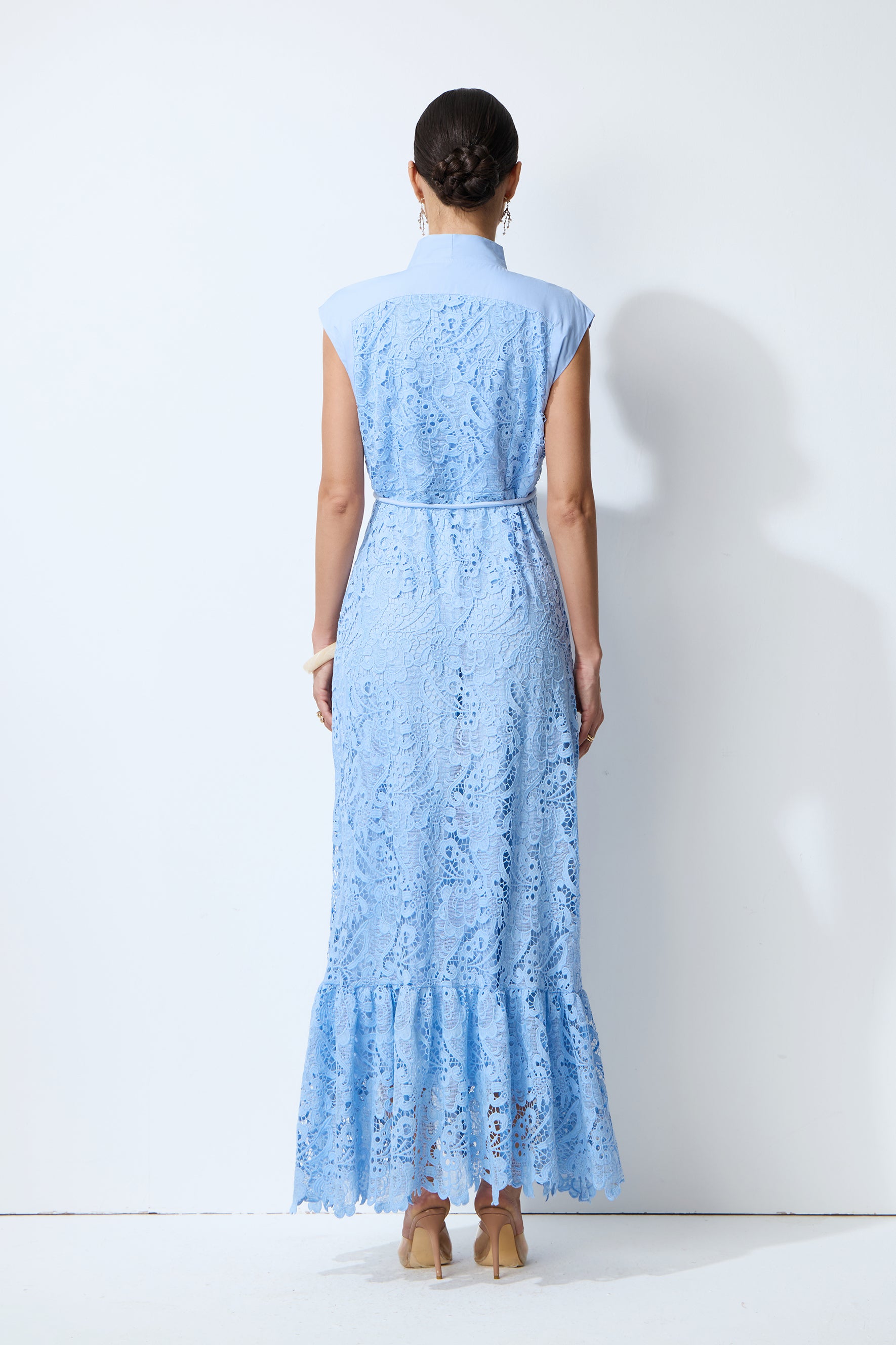 Sweet Glow Blue Bow Neck Cap Sleeve Lace Maxi Dress