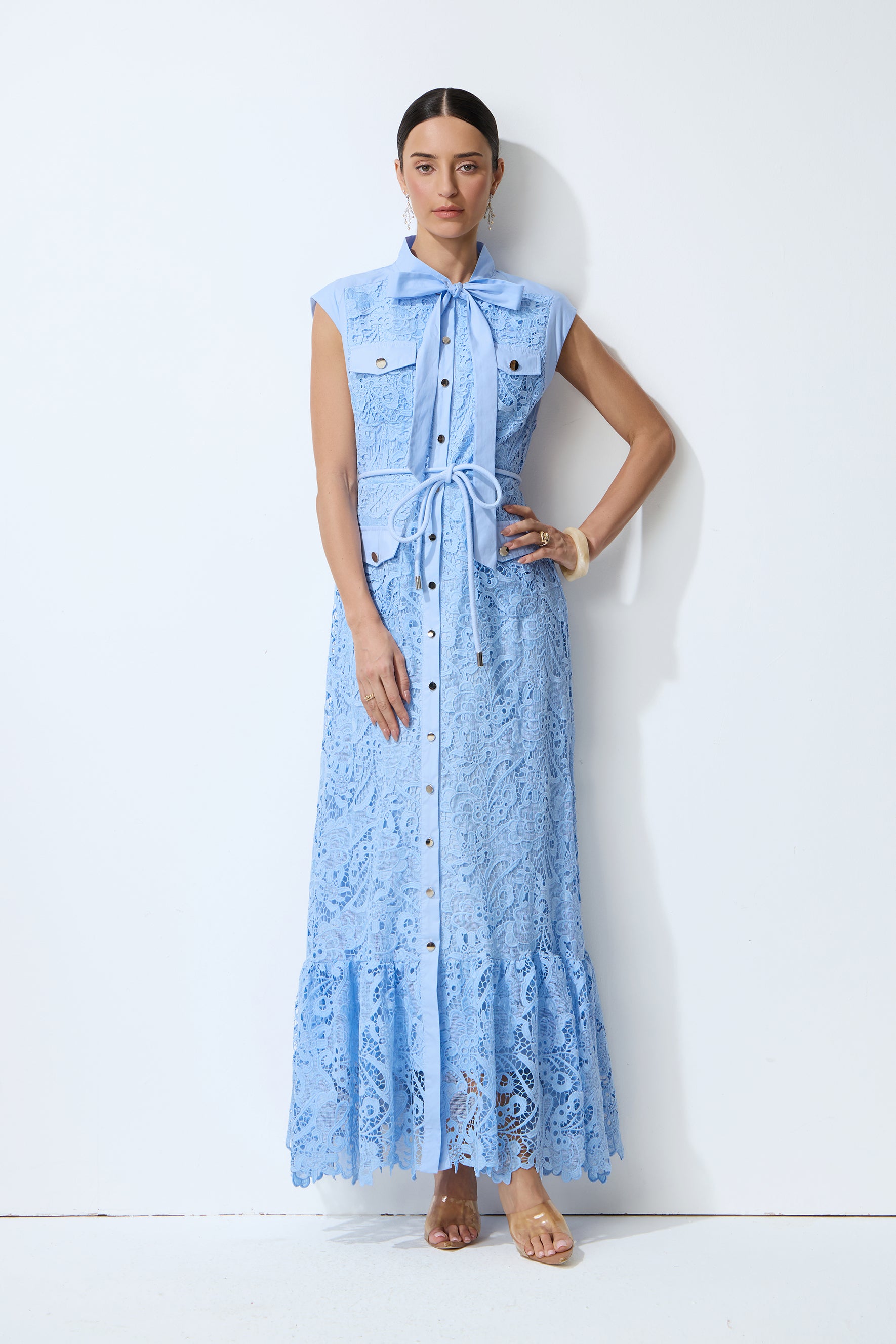 Sweet Glow Blue Bow Neck Cap Sleeve Lace Maxi Dress