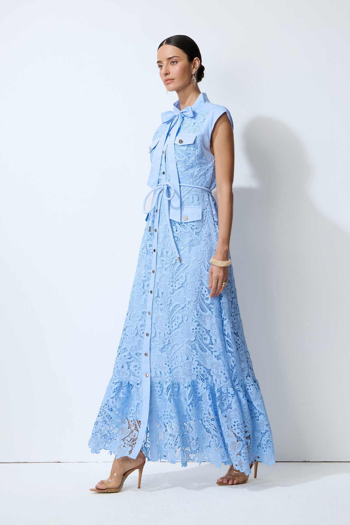 Sweet Glow Blue Bow Neck Cap Sleeve Lace Maxi Dress