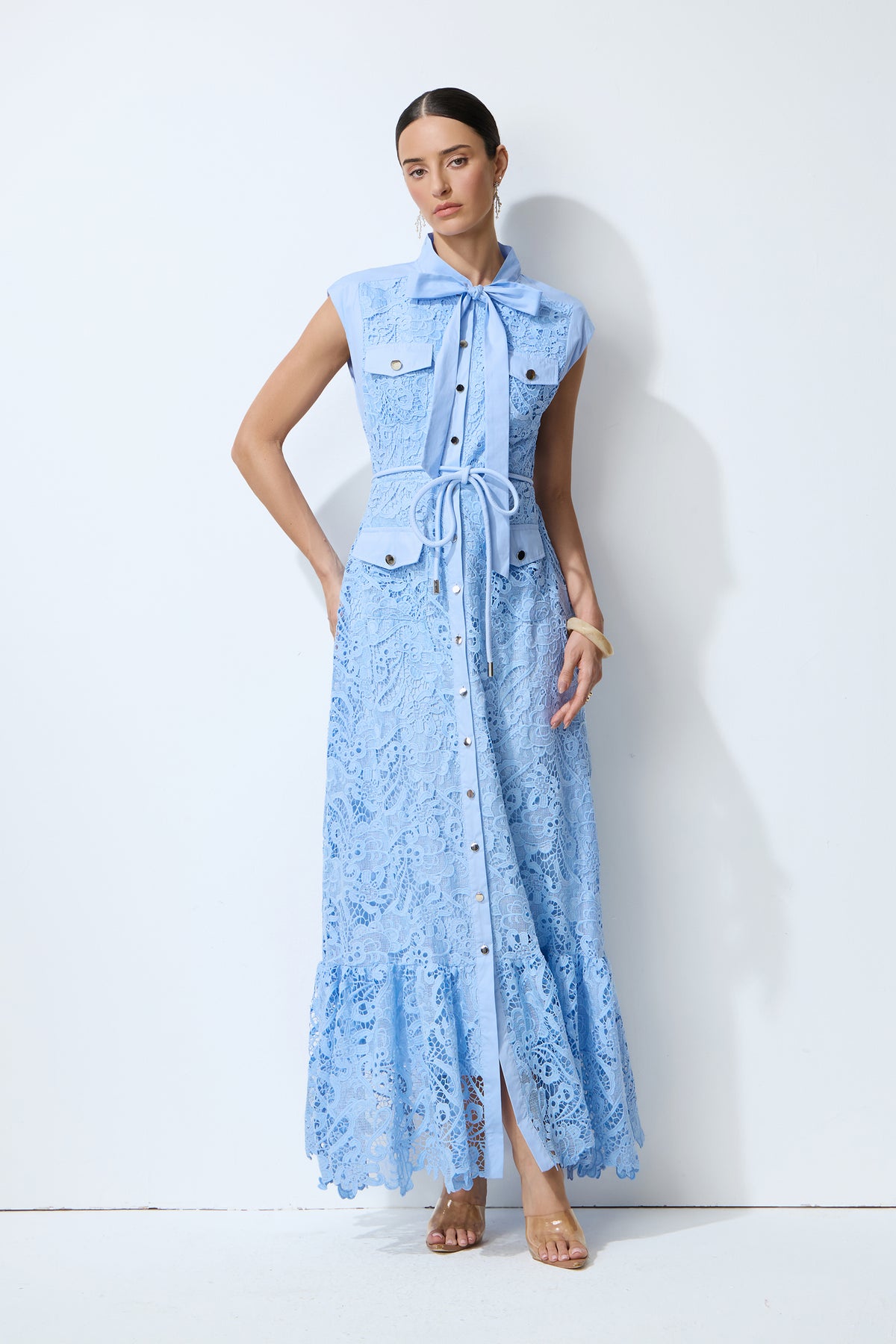 Sweet Glow Blue Bow Neck Cap Sleeve Lace Maxi Dress