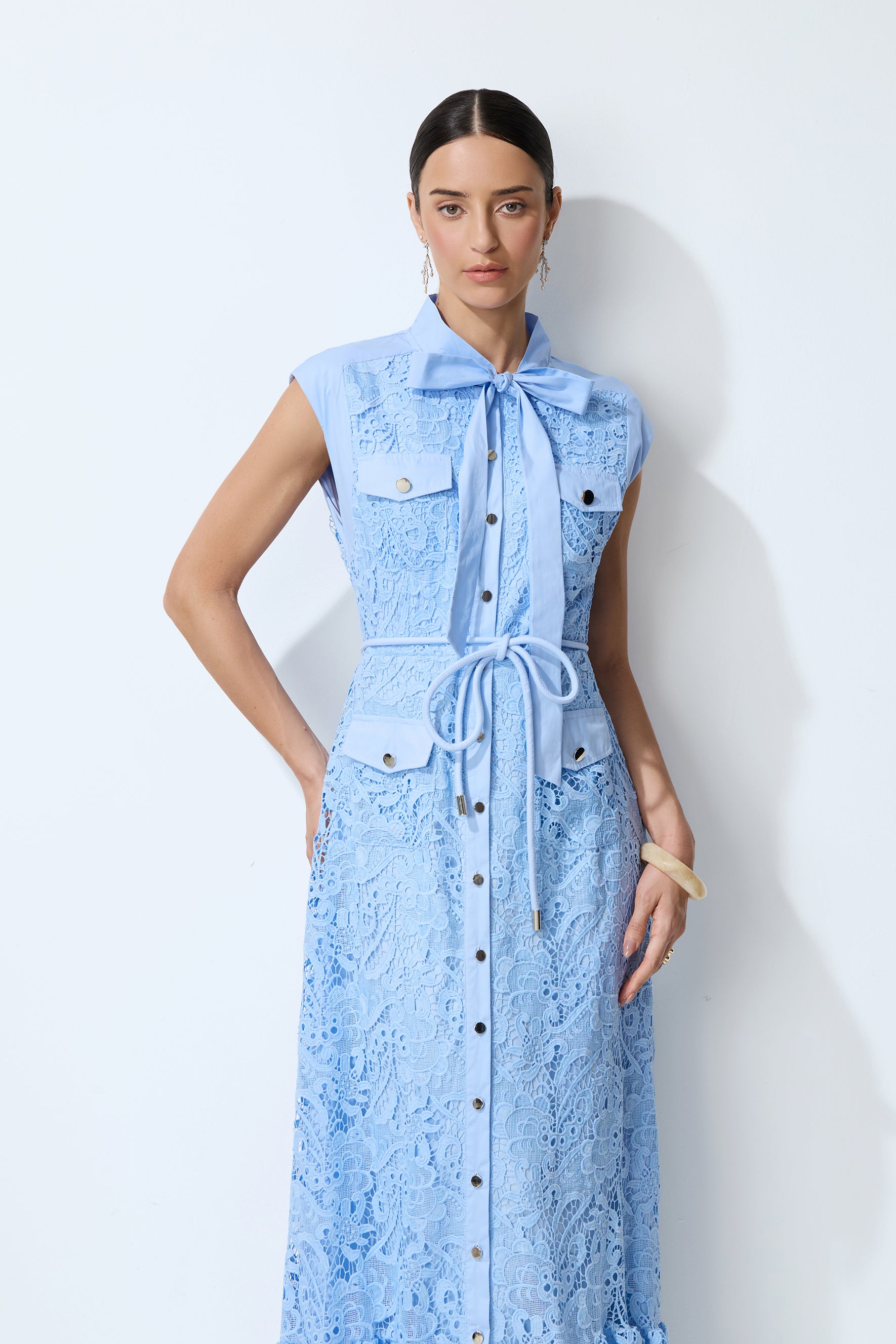 Sweet Glow Blue Bow Neck Cap Sleeve Lace Maxi Dress