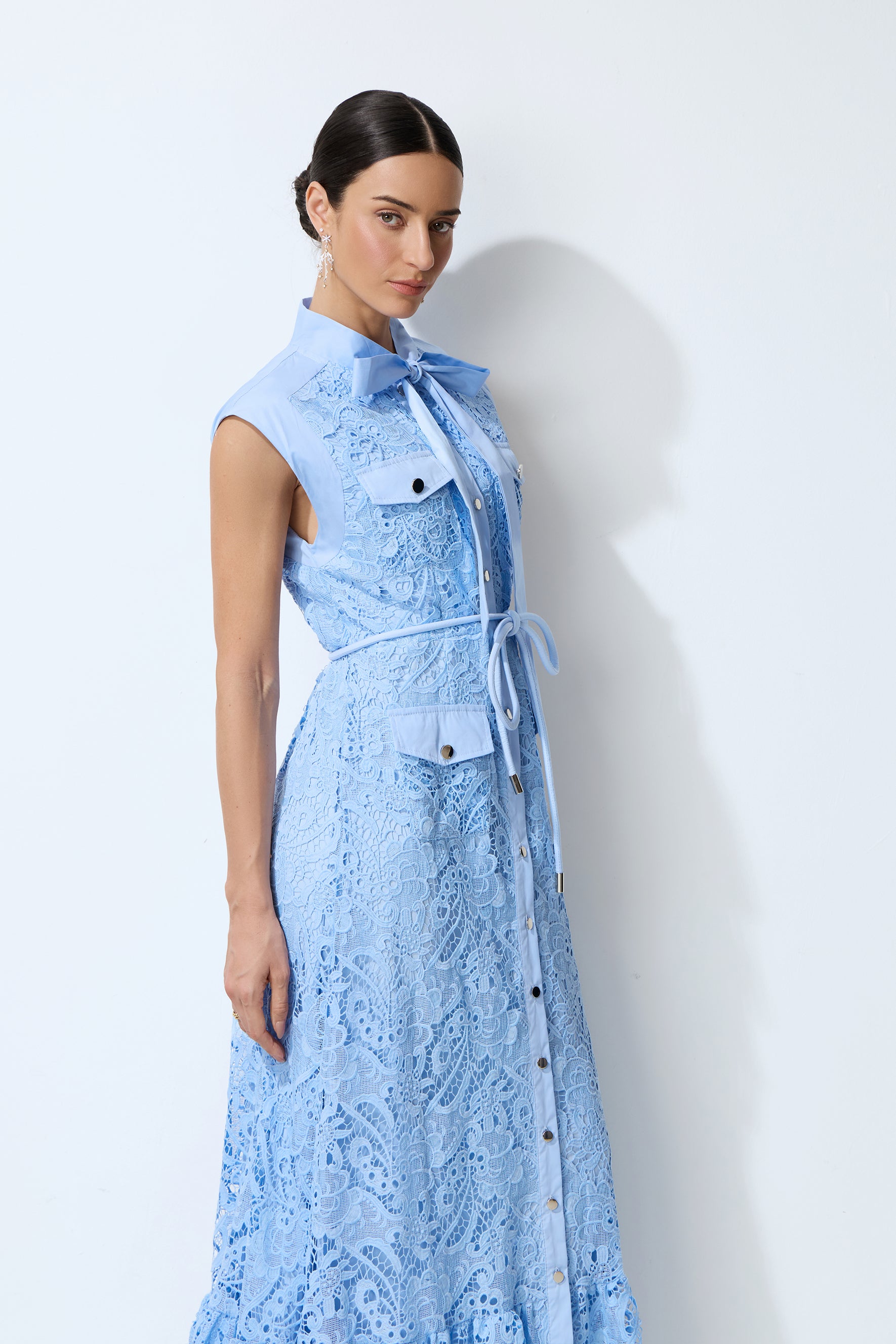 Sweet Glow Blue Bow Neck Cap Sleeve Lace Maxi Dress