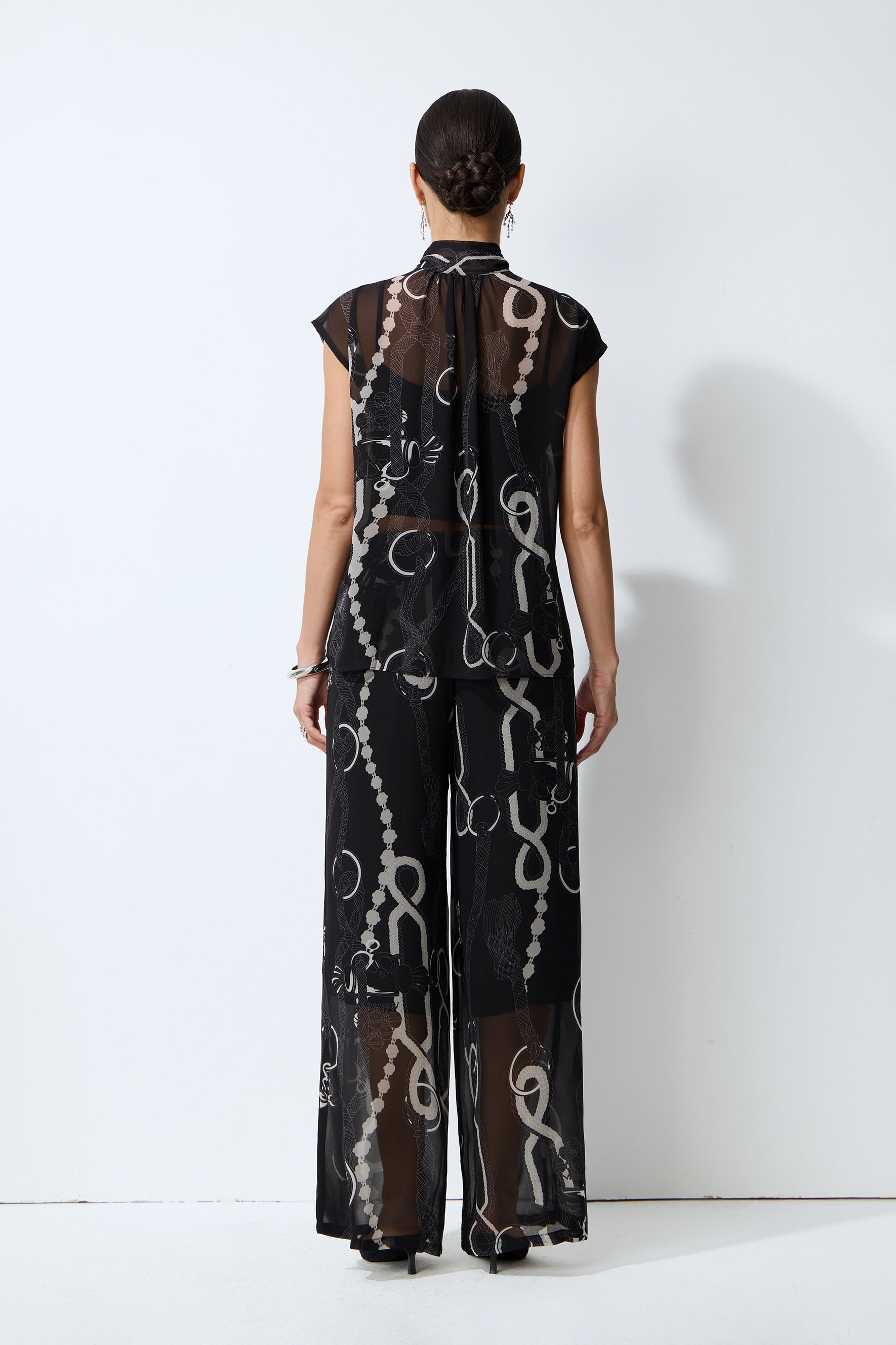Close to Me Black Printed Sheer Bow Tie Top & Wide Leg Pants Set