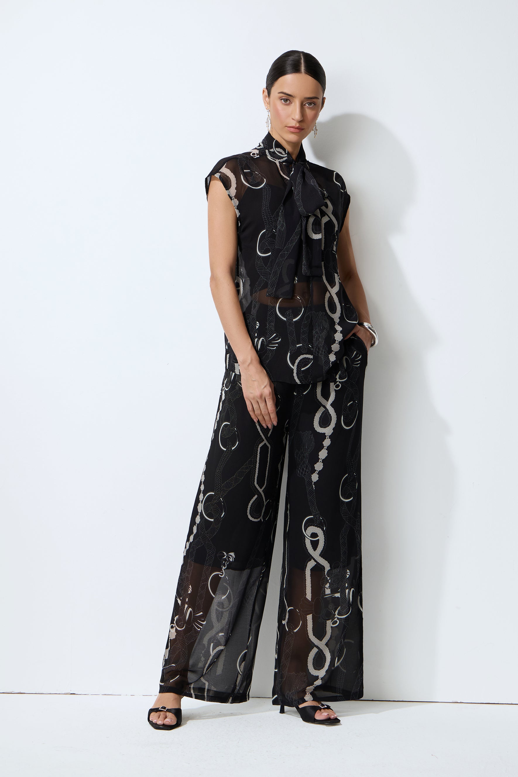 Close to Me Black Printed Sheer Bow Tie Top & Wide Leg Pants Set