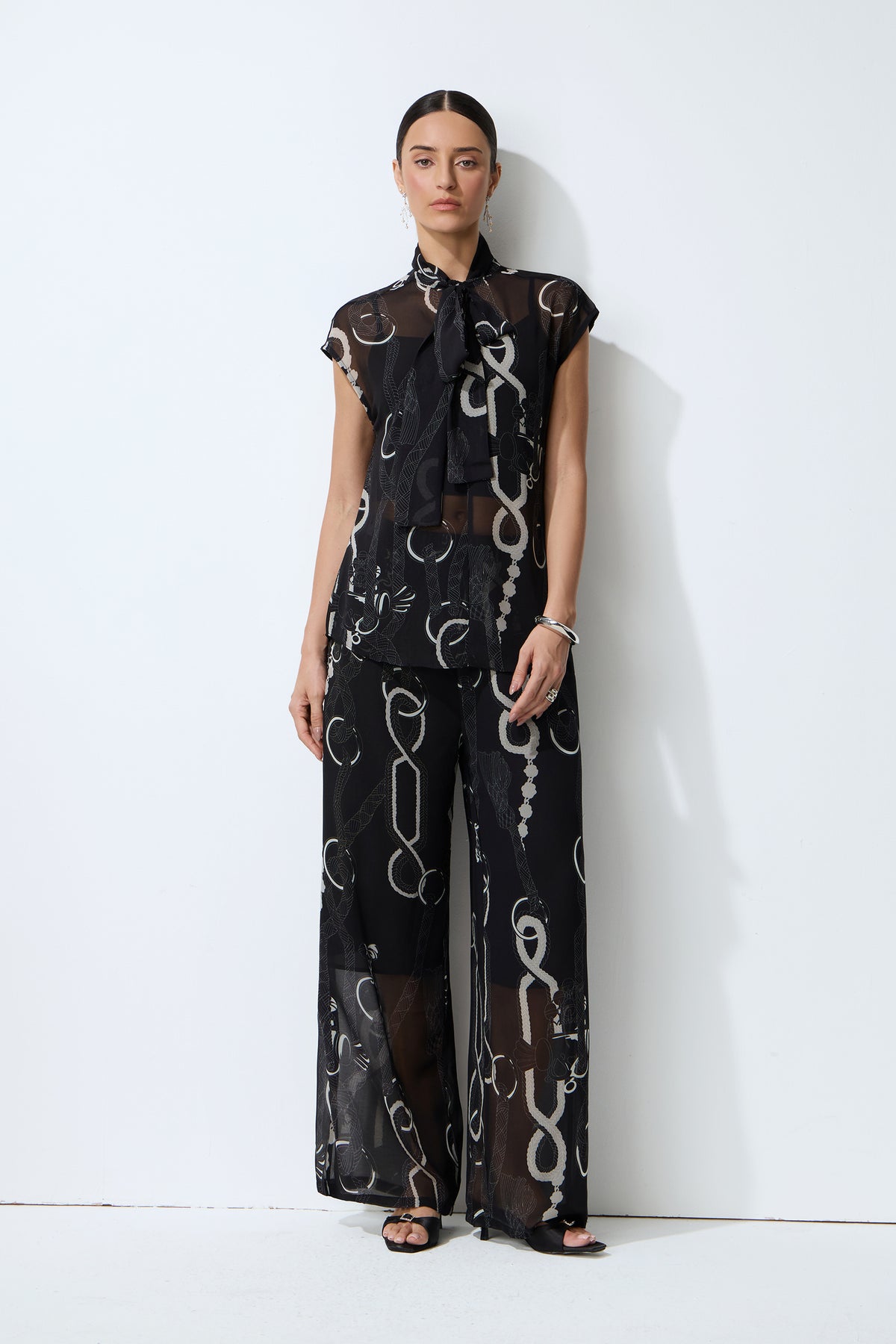 Close to Me Black Printed Sheer Bow Tie Top & Wide Leg Pants Set
