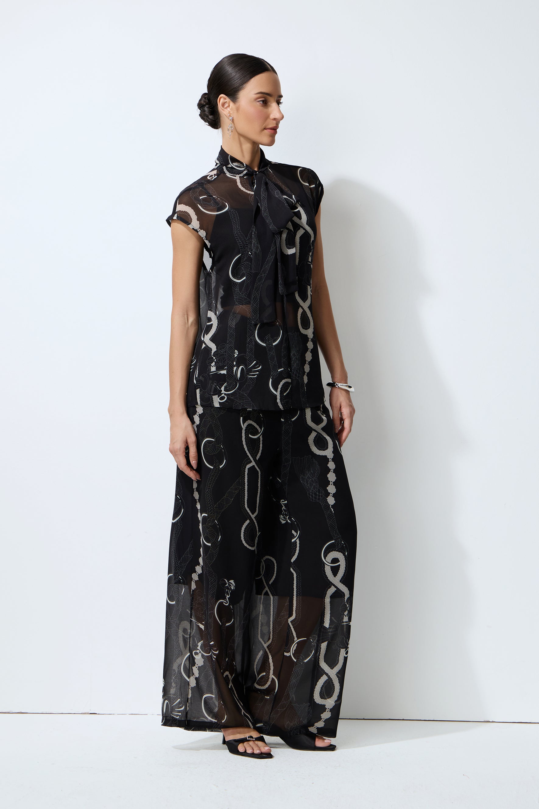 Close to Me Black Printed Sheer Bow Tie Top & Wide Leg Pants Set