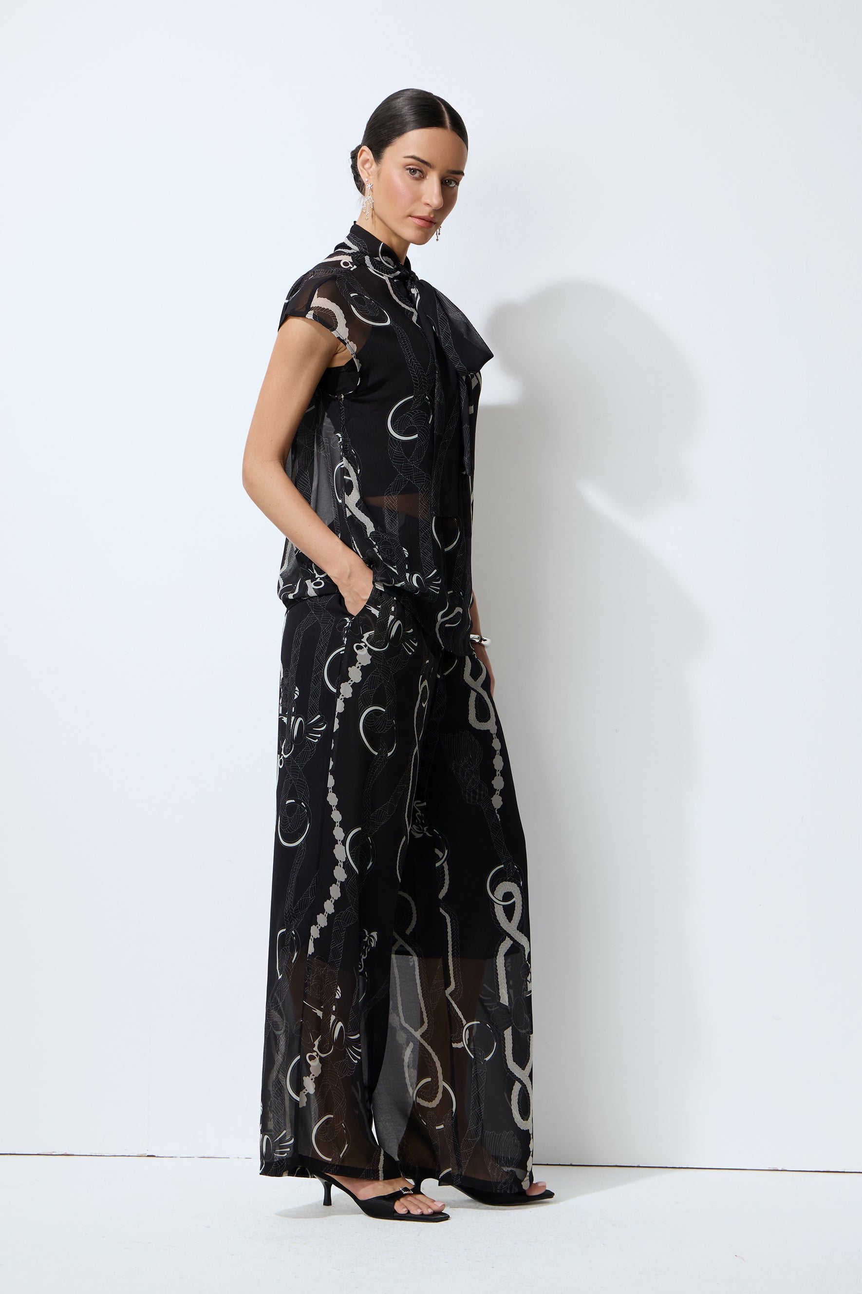 Close to Me Black Printed Sheer Bow Tie Top & Wide Leg Pants Set