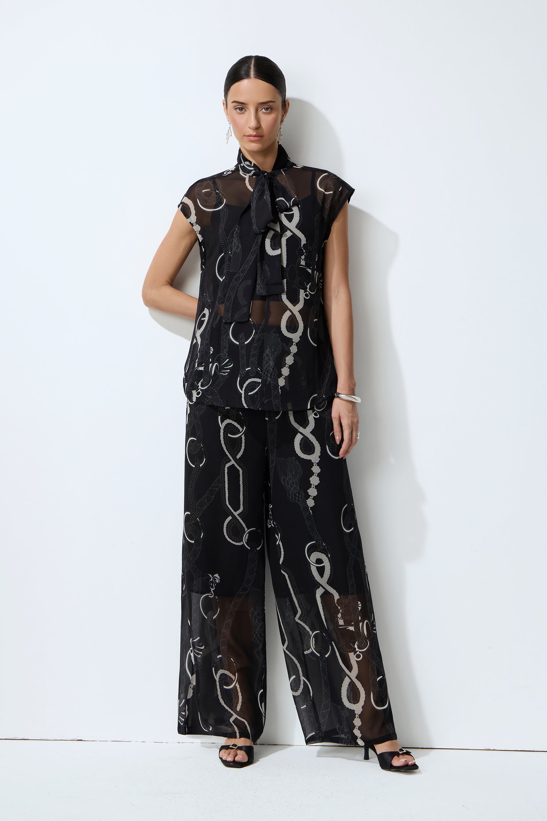 Close to Me Black Printed Sheer Bow Tie Top & Wide Leg Pants Set
