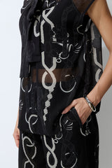 Close to Me Black Printed Sheer Bow Tie Top & Wide Leg Pants Set