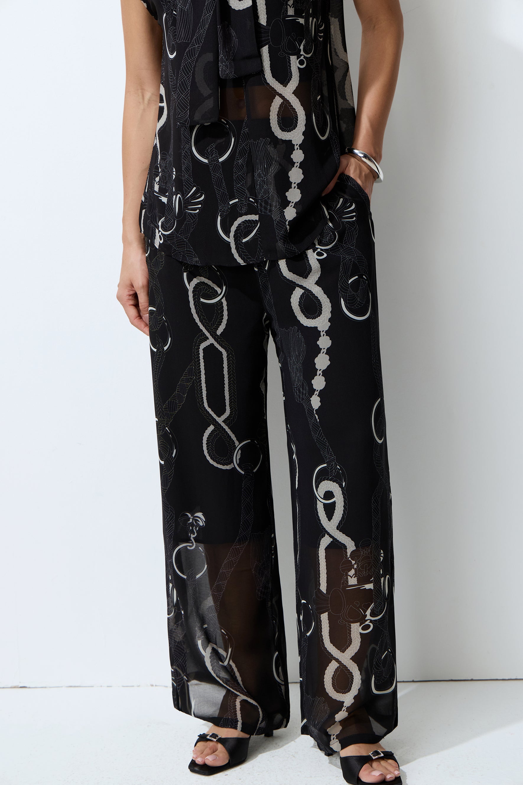 Close to Me Black Printed Sheer Bow Tie Top & Wide Leg Pants Set