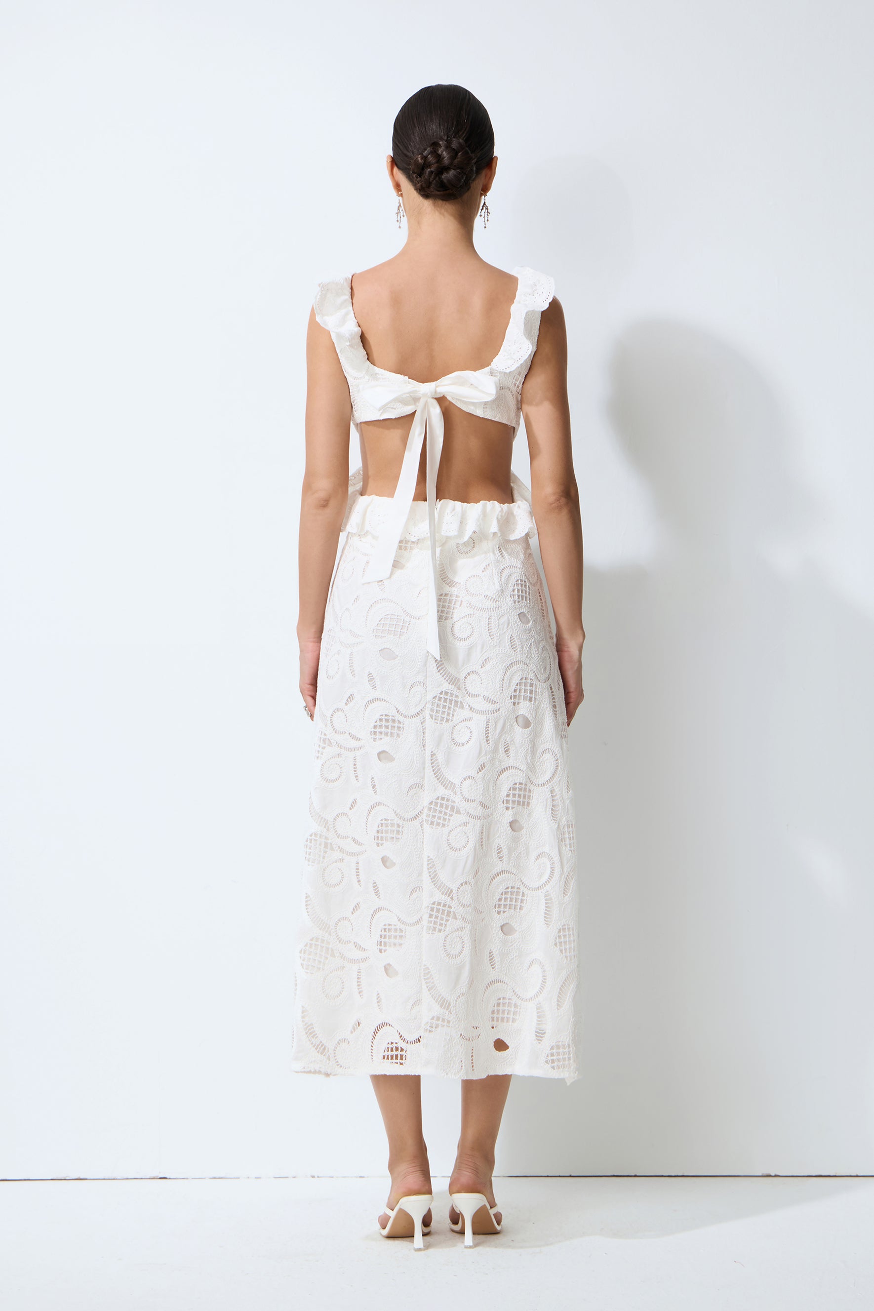 Coastal Daydream White Eyelet Lace Tie Back Midi Dress