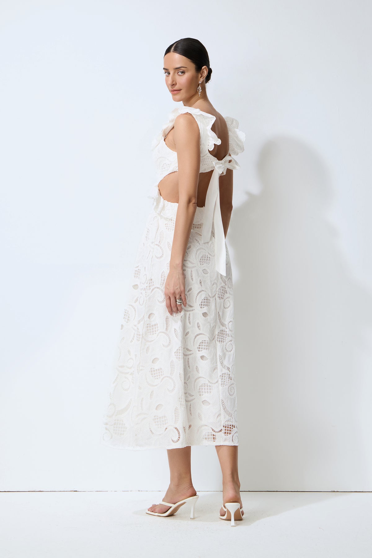 Coastal Daydream White Eyelet Lace Tie Back Midi Dress