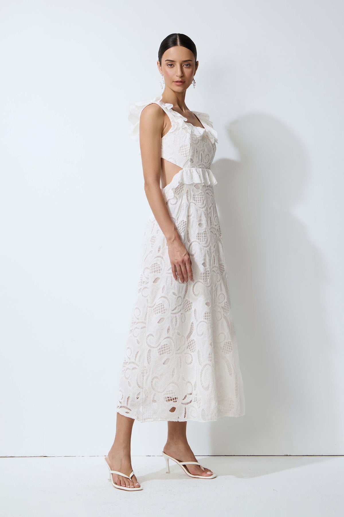 Coastal Daydream White Eyelet Lace Tie Back Midi Dress