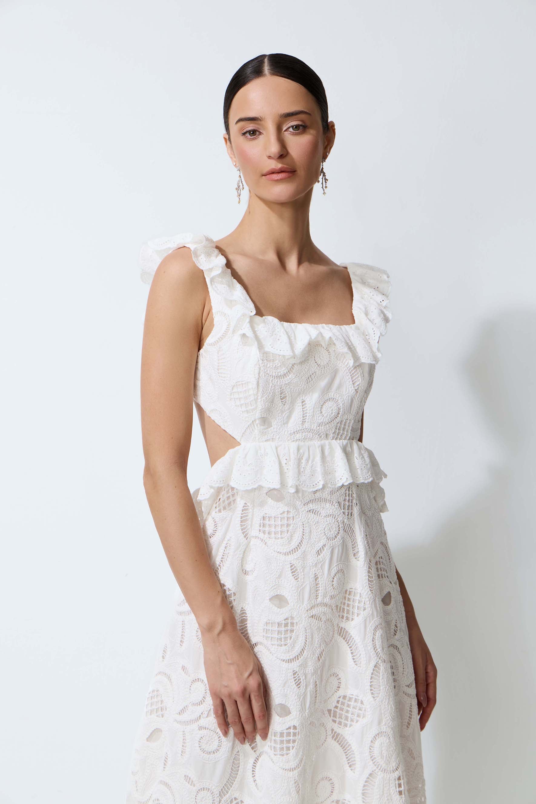 Coastal Daydream White Eyelet Lace Tie Back Midi Dress