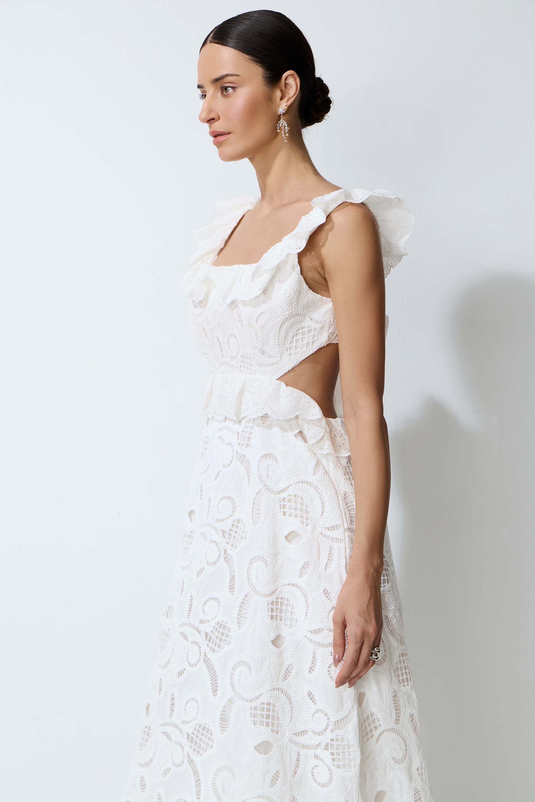 Coastal Daydream White Eyelet Lace Tie Back Midi Dress