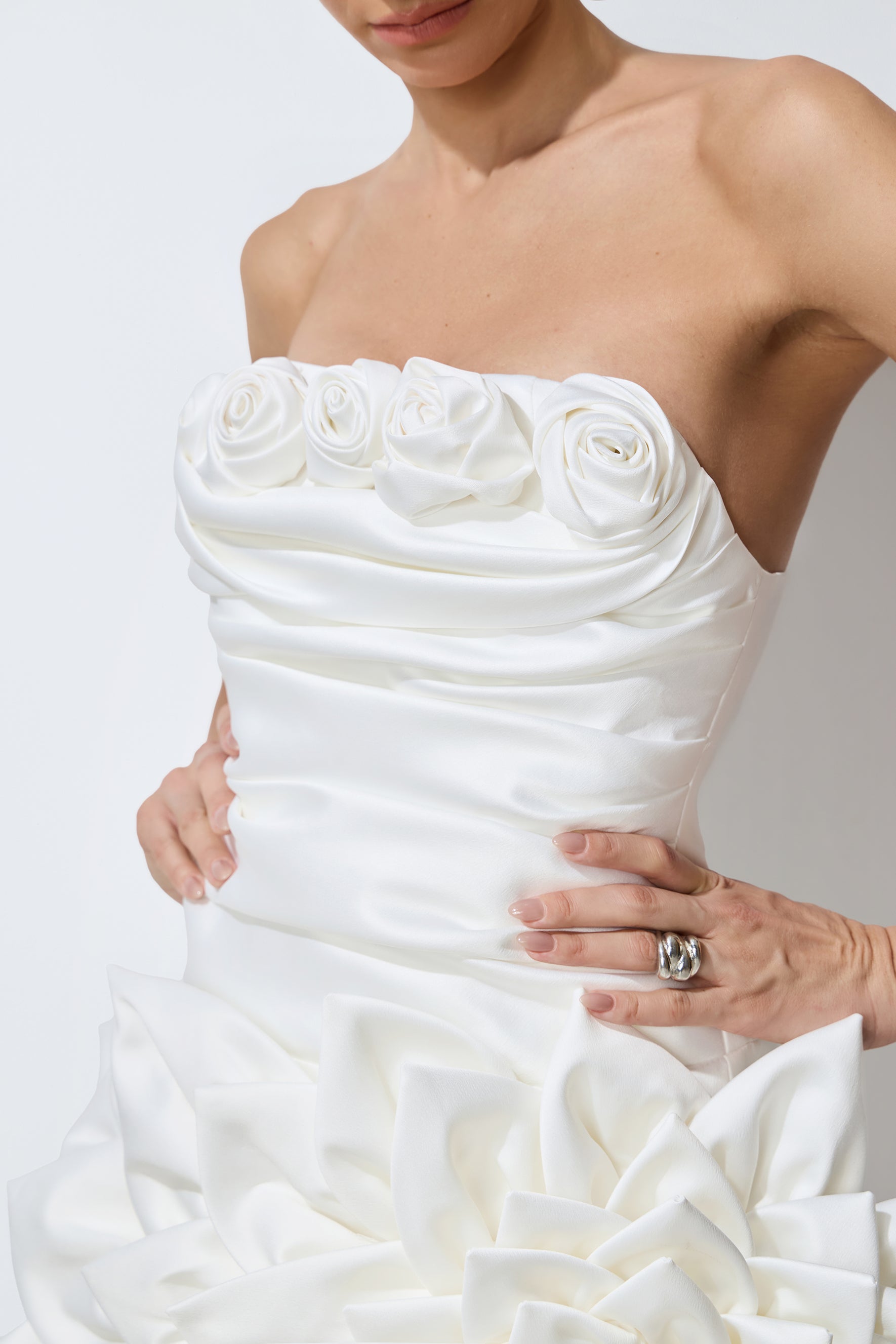Always Blossoming White Floral Applique Strapless Satin Mini Dress