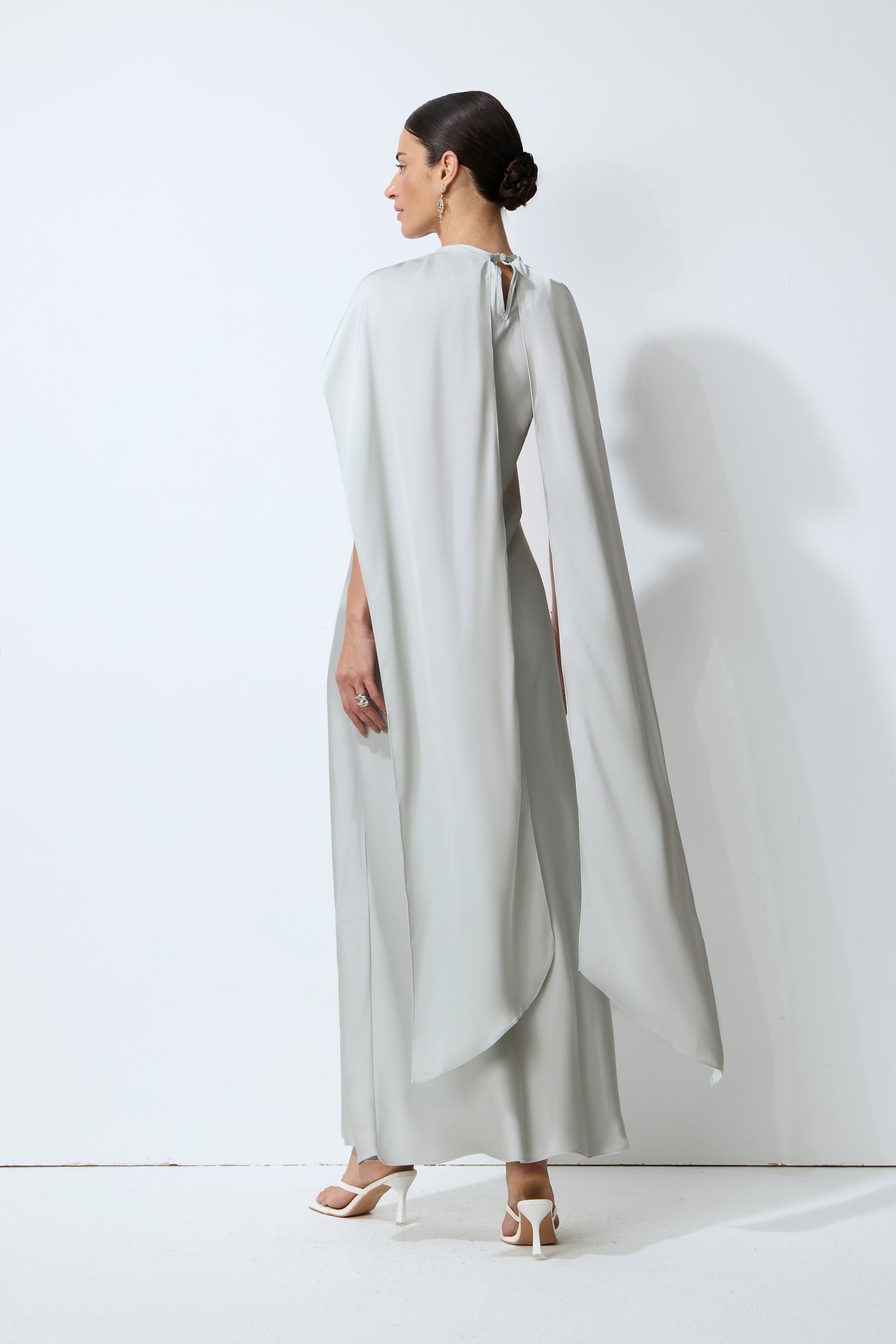 Moonlit Charm Grey Satin Cape & Sleeveless Maxi Dress Set