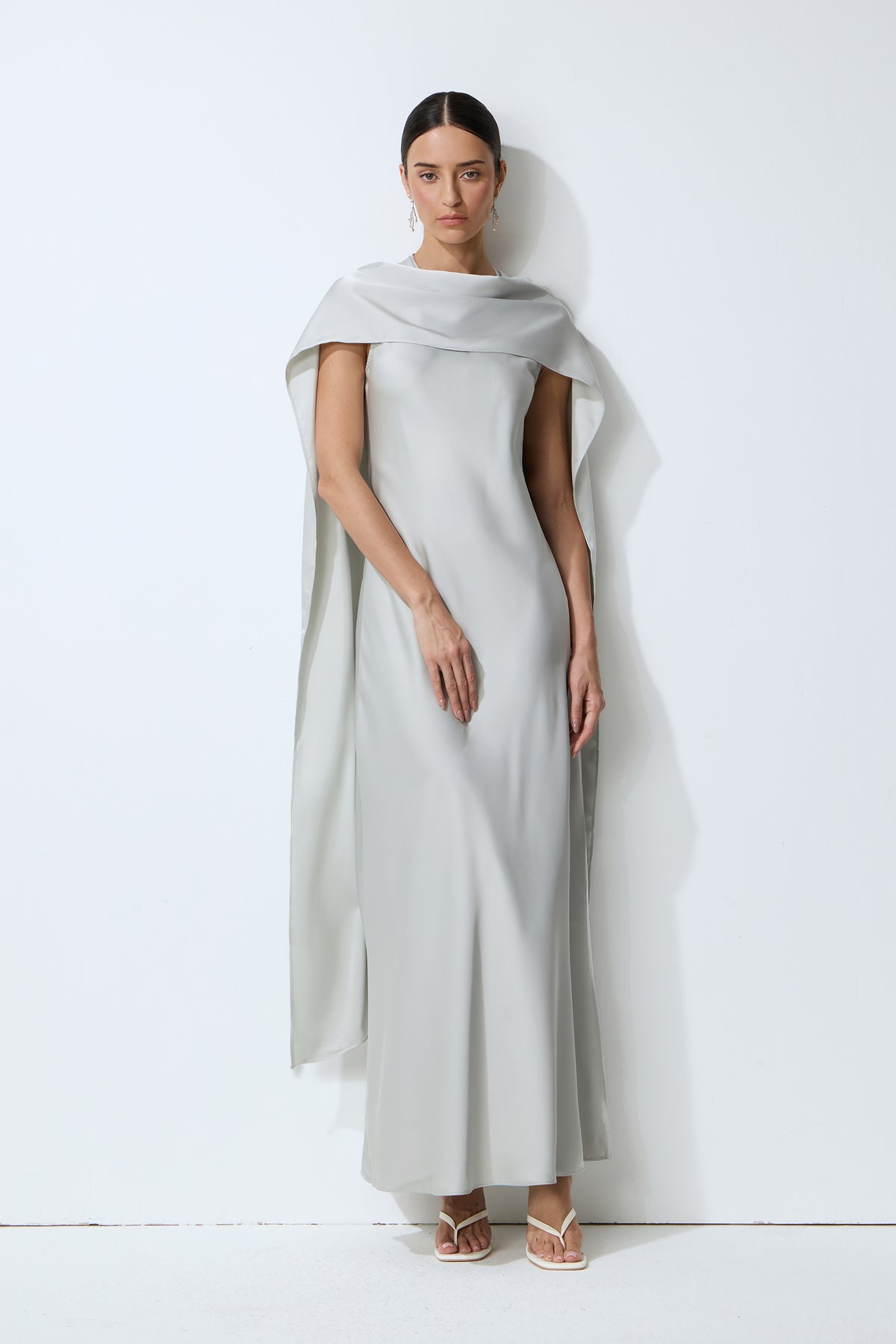 Moonlit Charm Grey Satin Cape & Sleeveless Maxi Dress Set