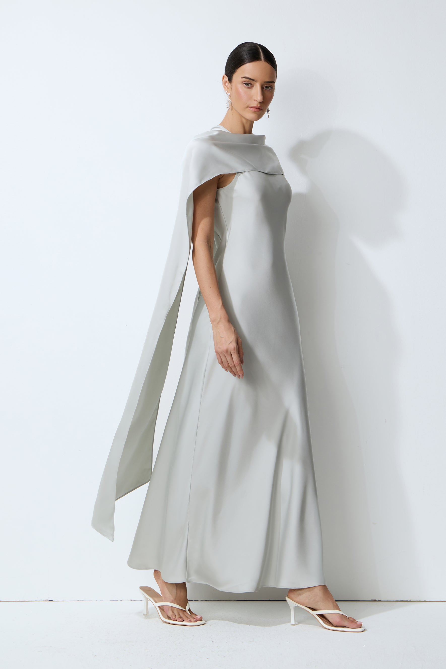 Moonlit Charm Grey Satin Cape & Sleeveless Maxi Dress Set