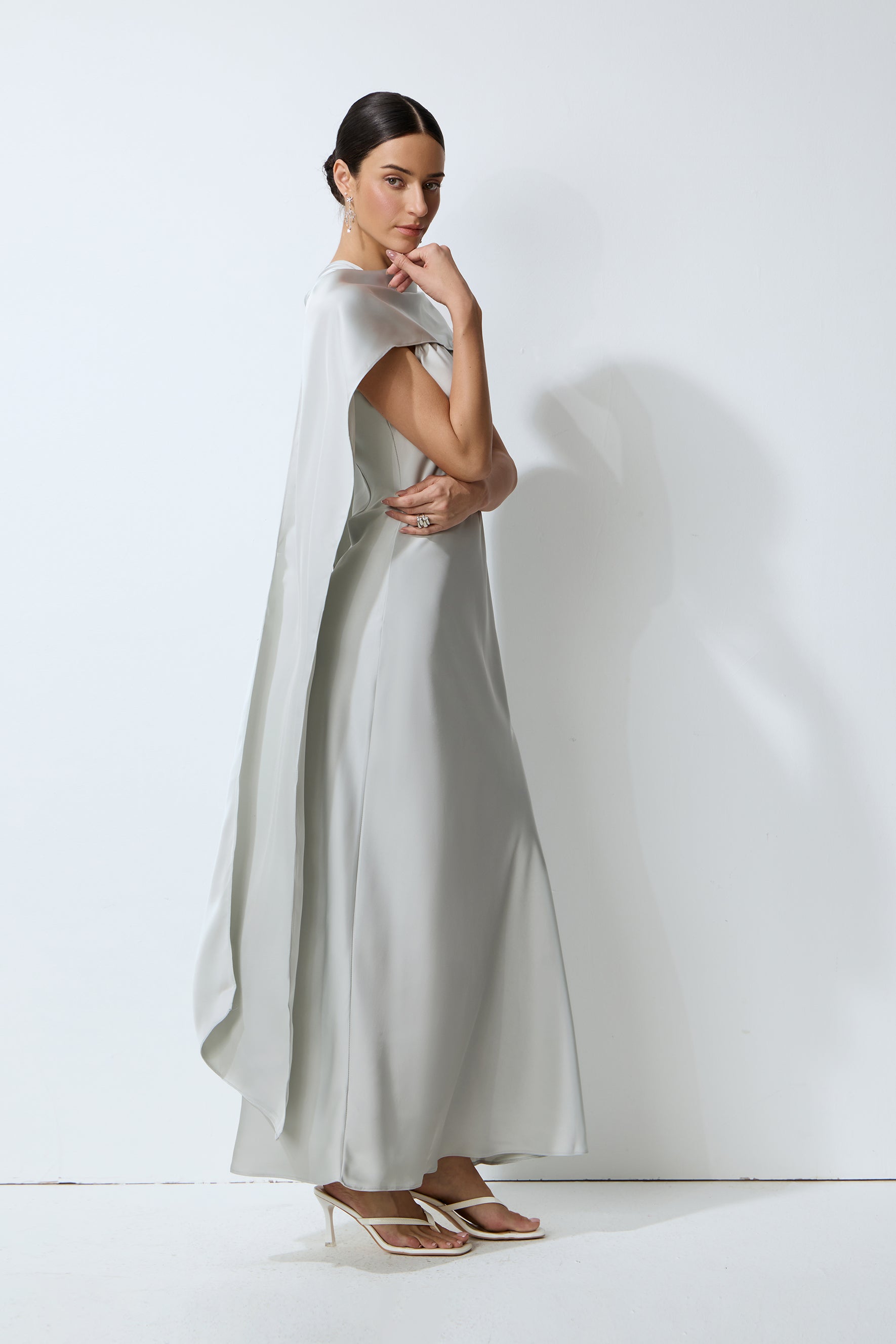 Moonlit Charm Grey Satin Cape & Sleeveless Maxi Dress Set