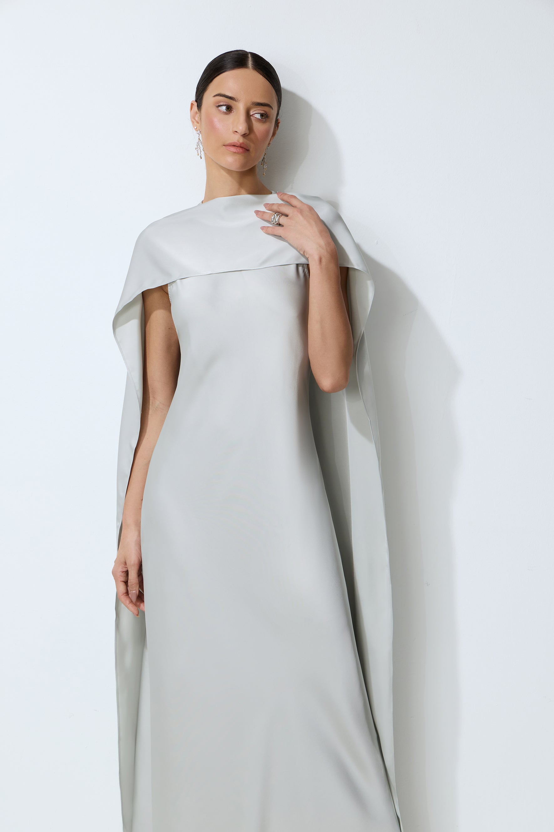 Moonlit Charm Grey Satin Cape & Sleeveless Maxi Dress Set