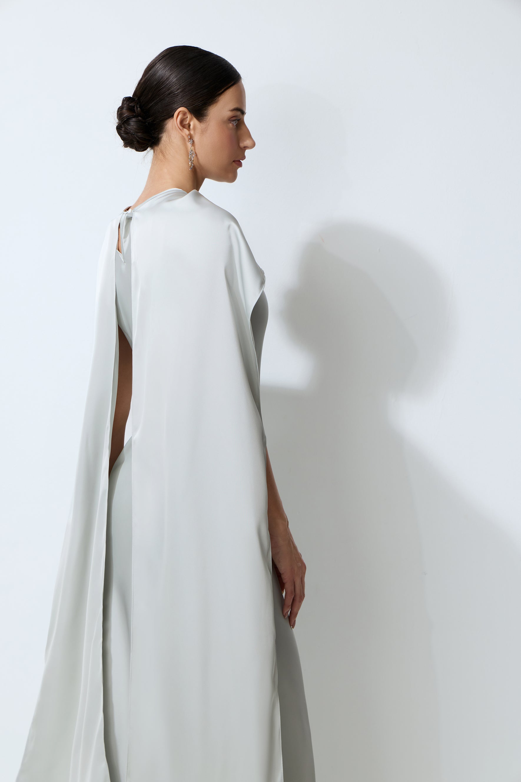 Moonlit Charm Grey Satin Cape & Sleeveless Maxi Dress Set