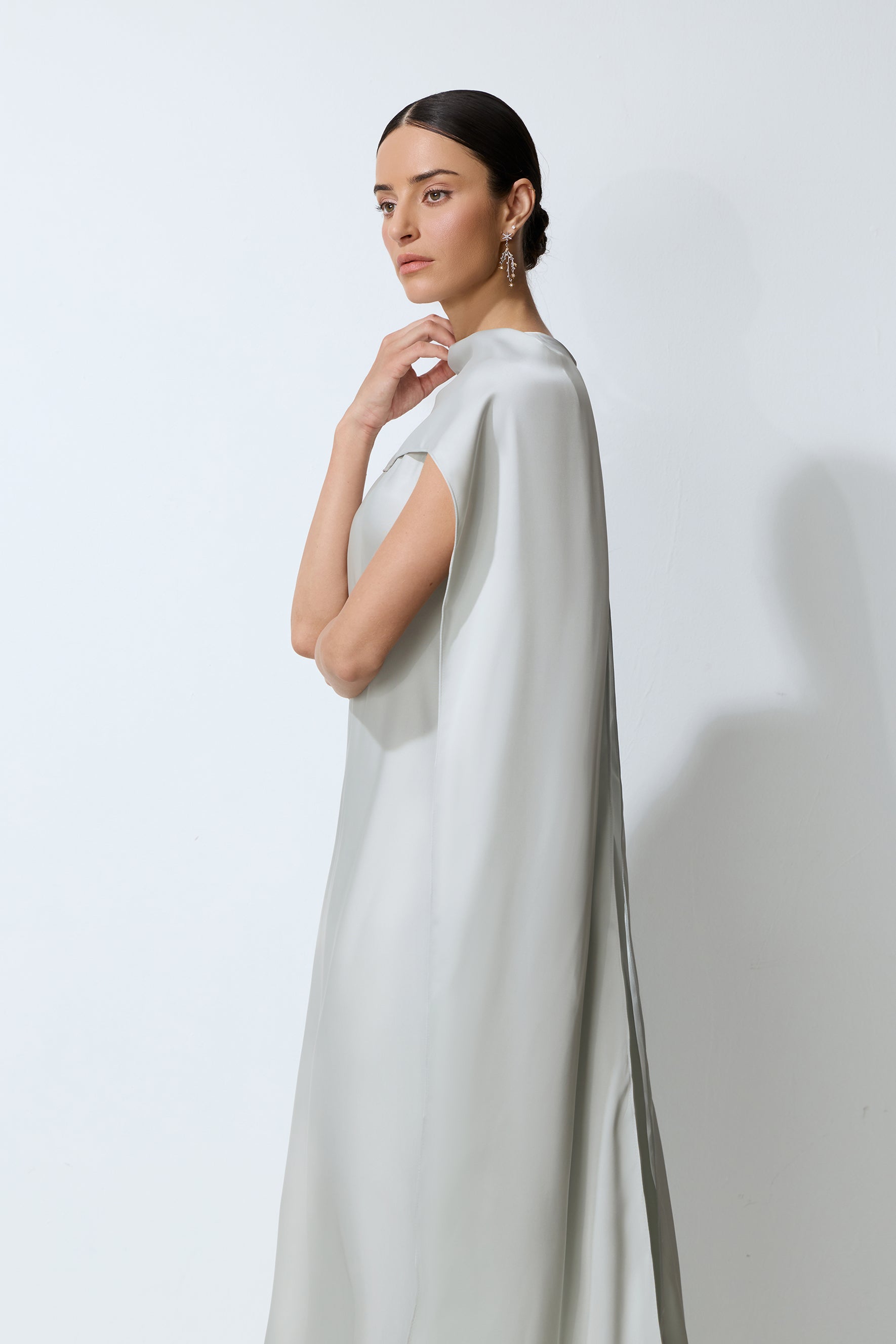 Moonlit Charm Grey Satin Cape & Sleeveless Maxi Dress Set