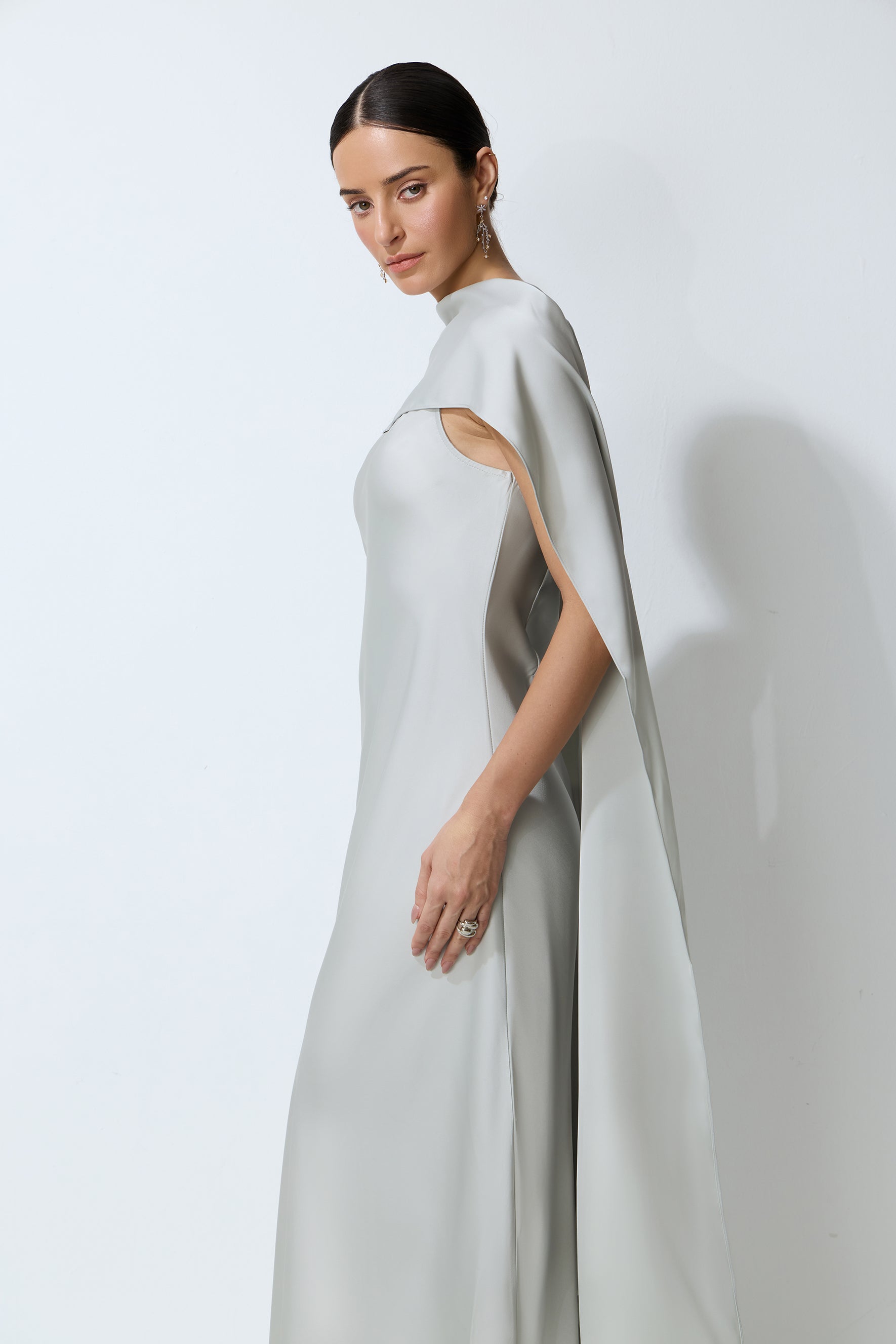 Moonlit Charm Grey Satin Cape & Sleeveless Maxi Dress Set
