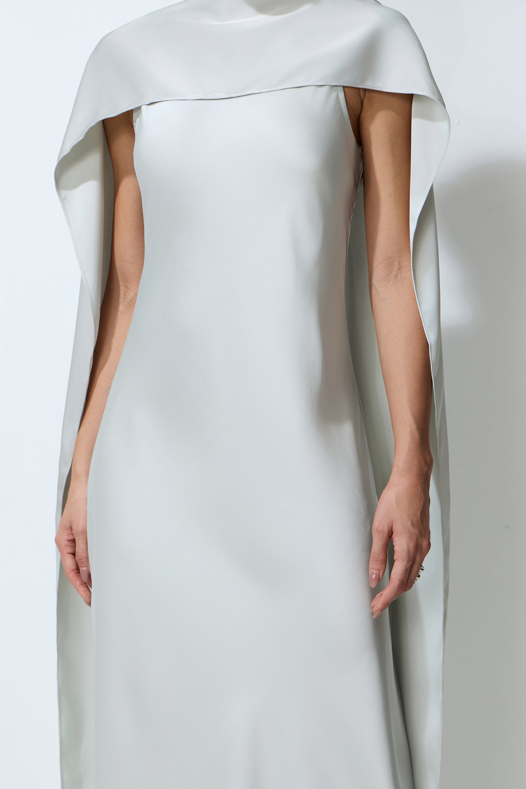 Moonlit Charm Grey Satin Cape & Sleeveless Maxi Dress Set