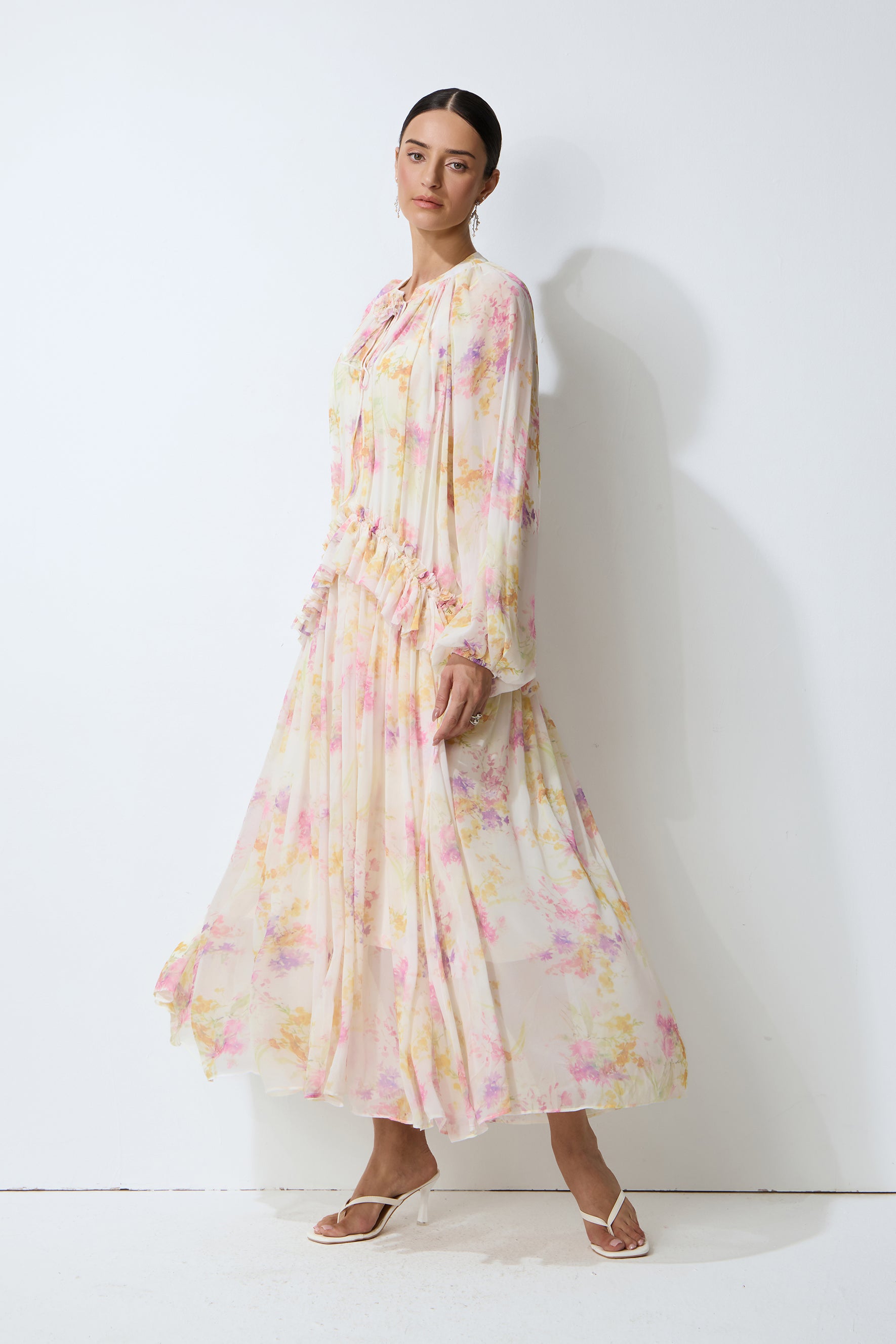 Always Yours Apricot Floral Print Lantern Sleeve Chiffon Maxi Dress