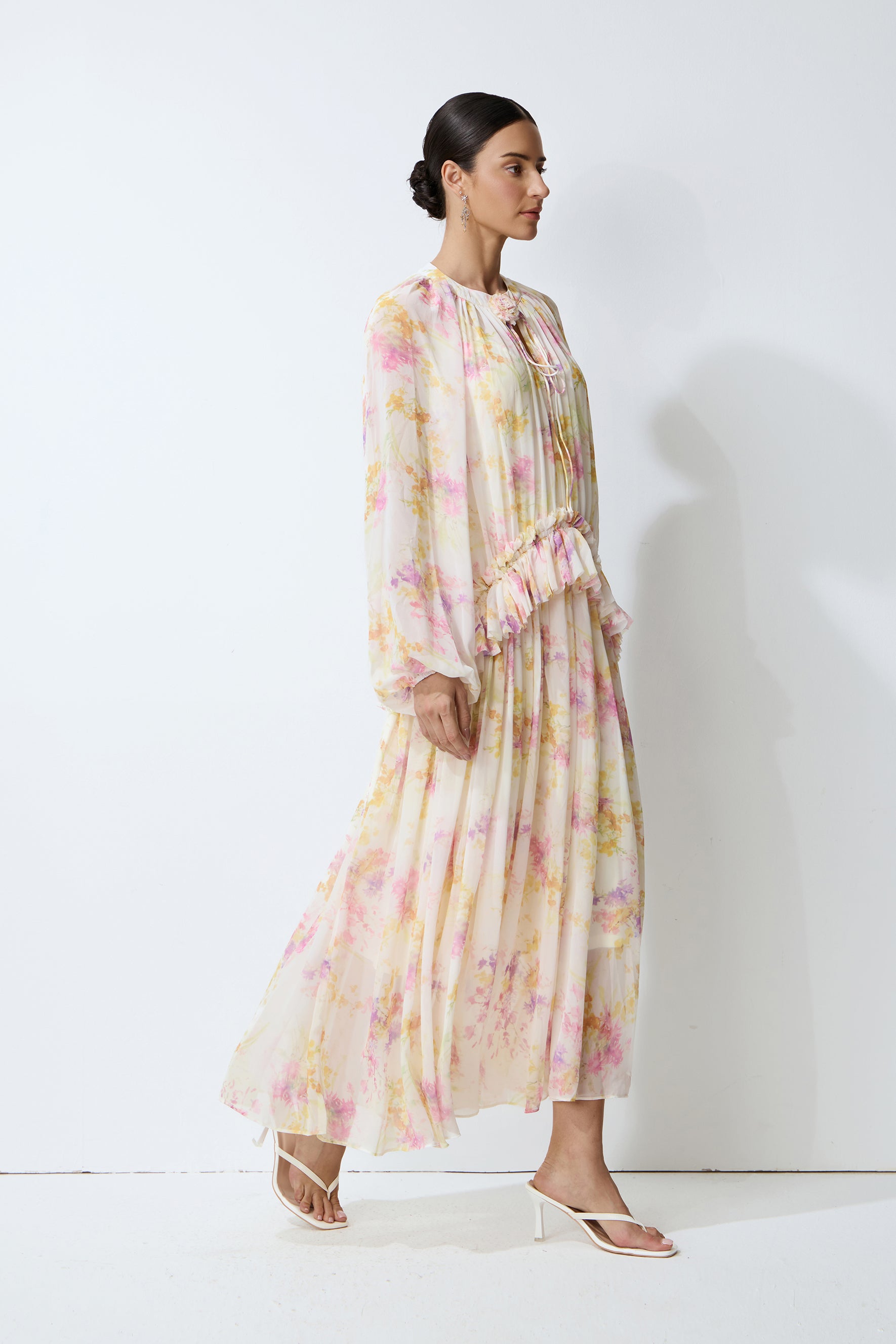 Always Yours Apricot Floral Print Lantern Sleeve Chiffon Maxi Dress