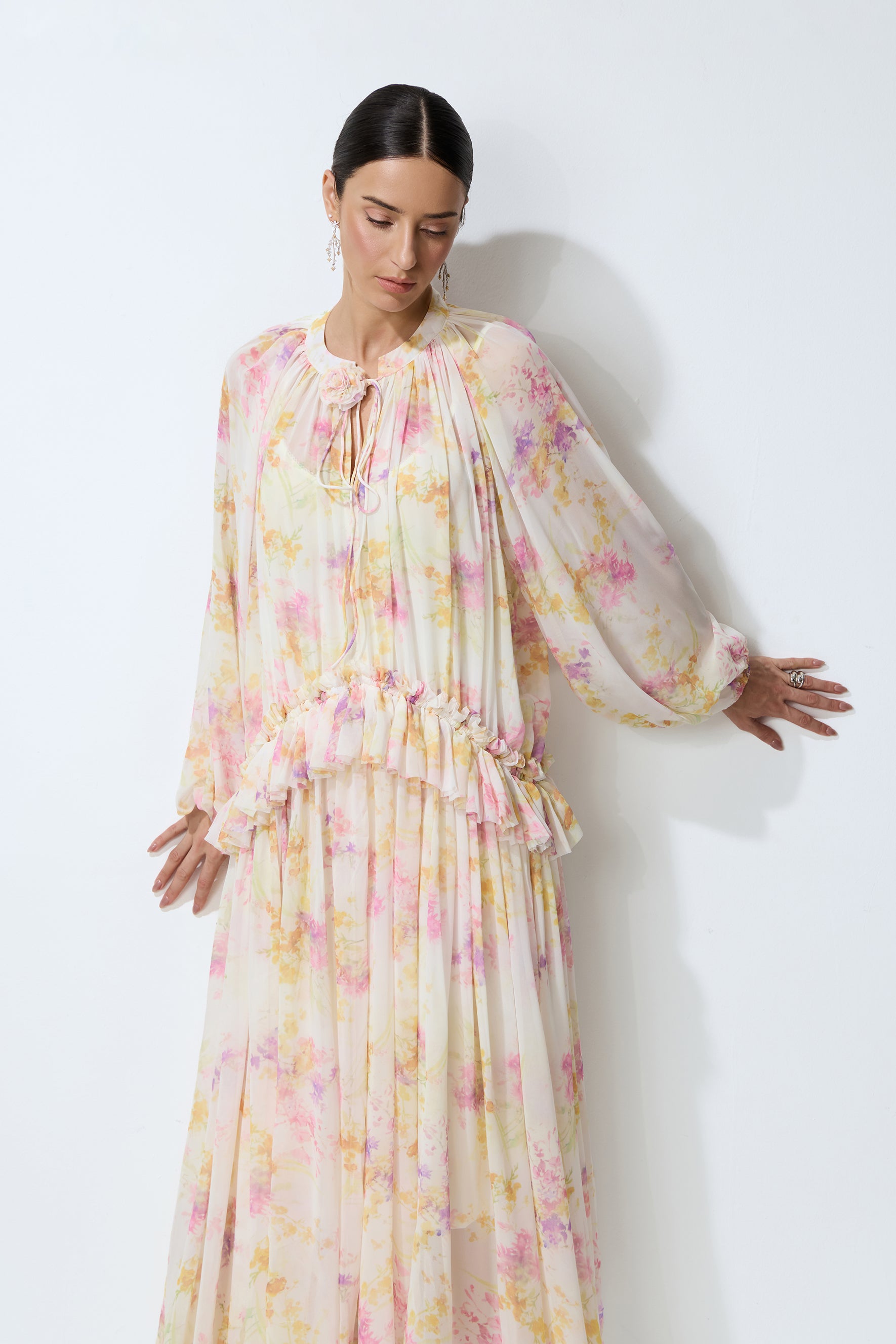 Always Yours Apricot Floral Print Lantern Sleeve Chiffon Maxi Dress