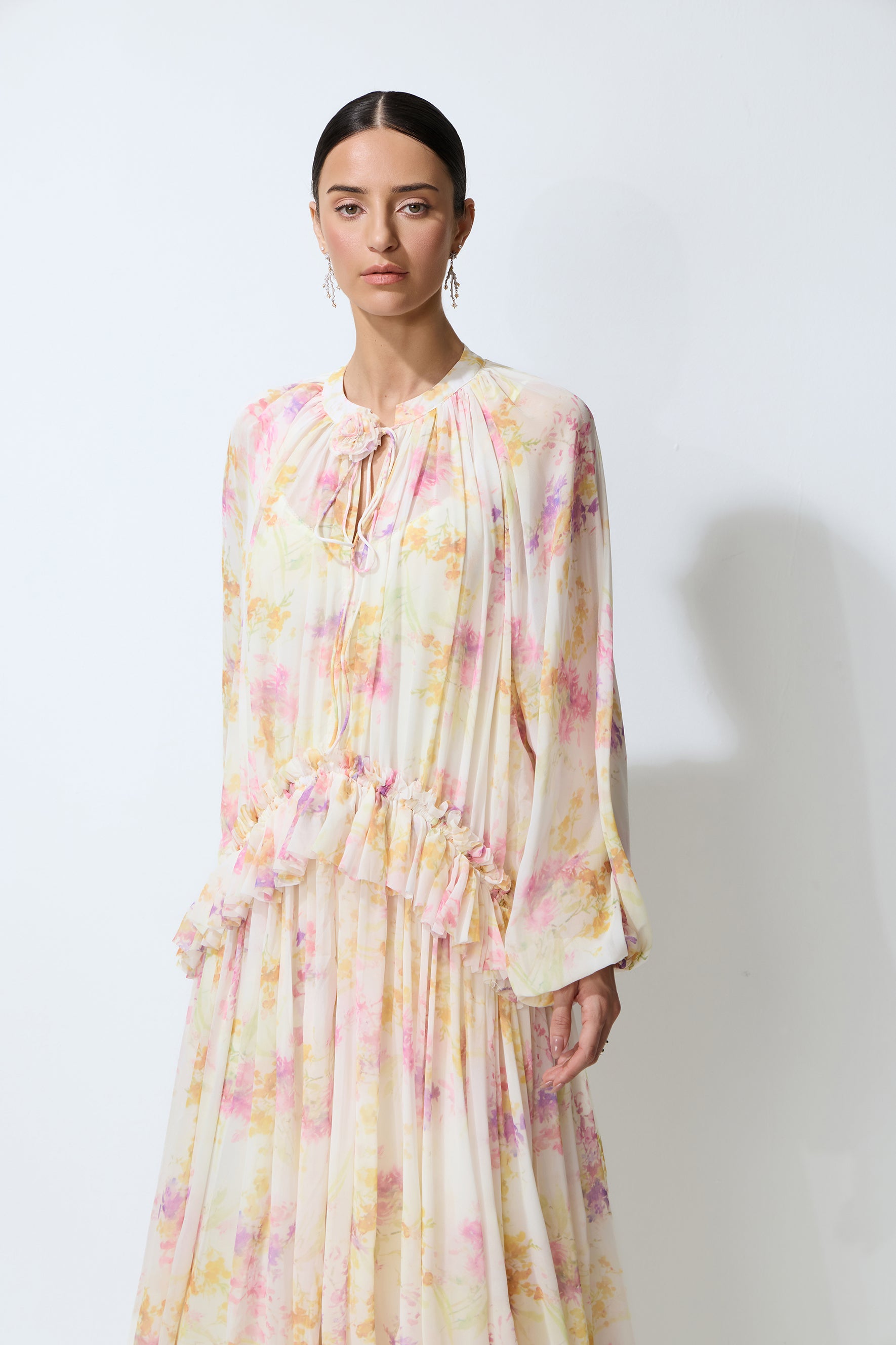 Always Yours Apricot Floral Print Lantern Sleeve Chiffon Maxi Dress