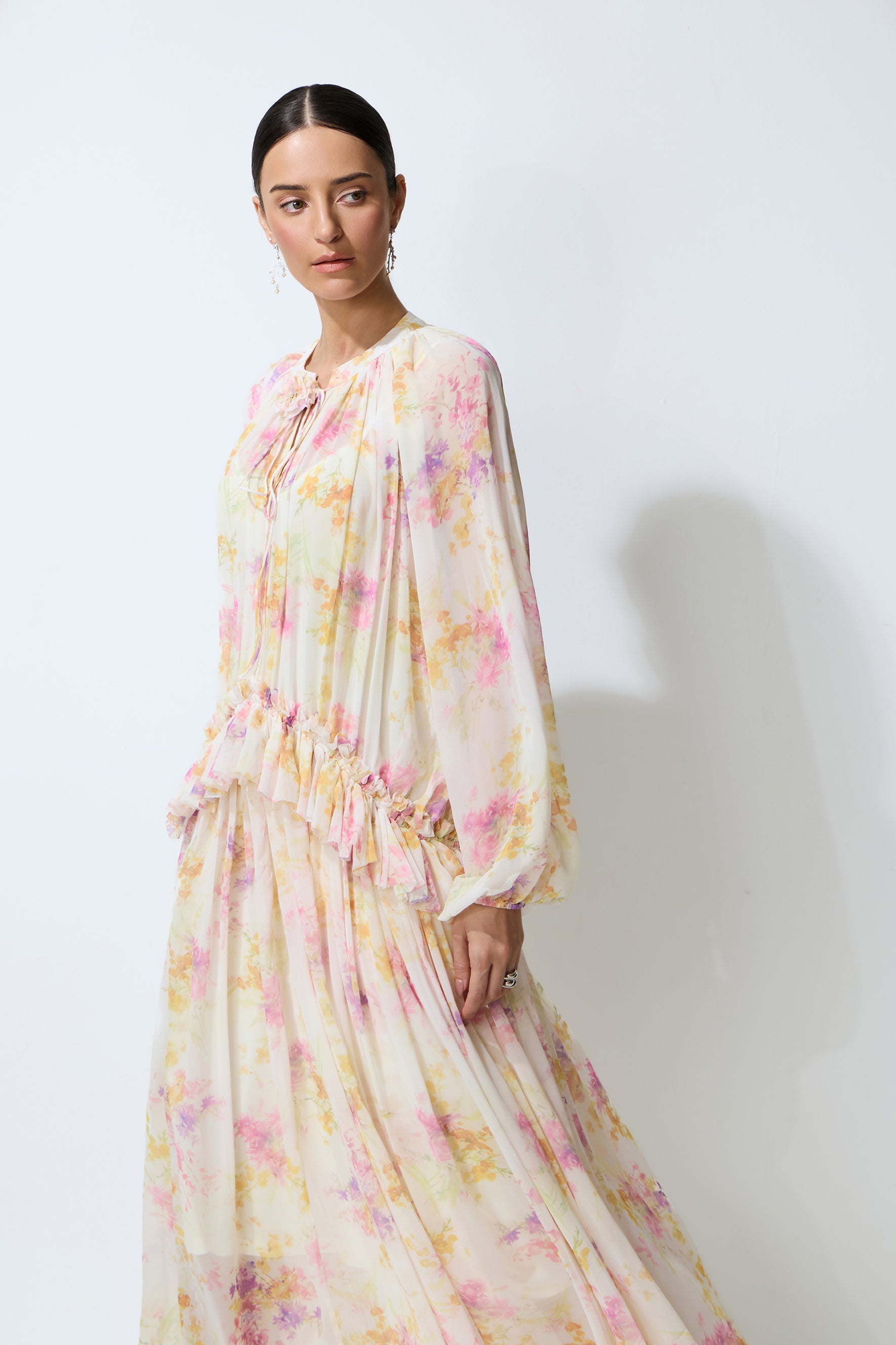 Always Yours Apricot Floral Print Lantern Sleeve Chiffon Maxi Dress