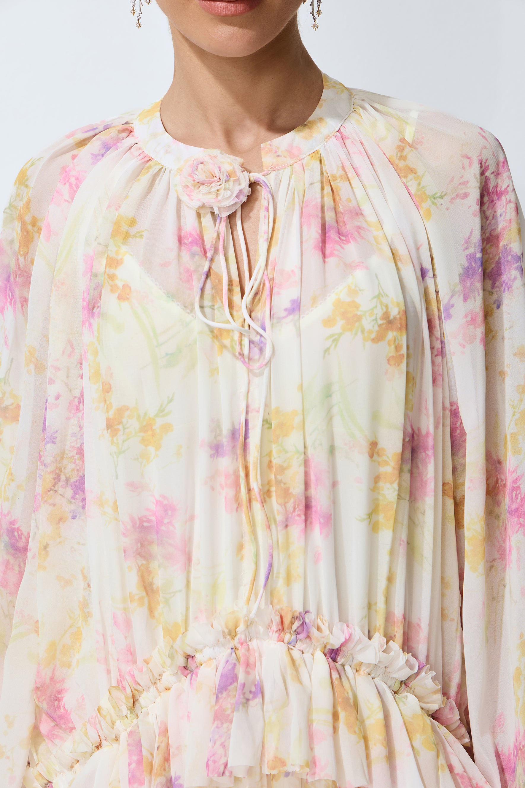Always Yours Apricot Floral Print Lantern Sleeve Chiffon Maxi Dress