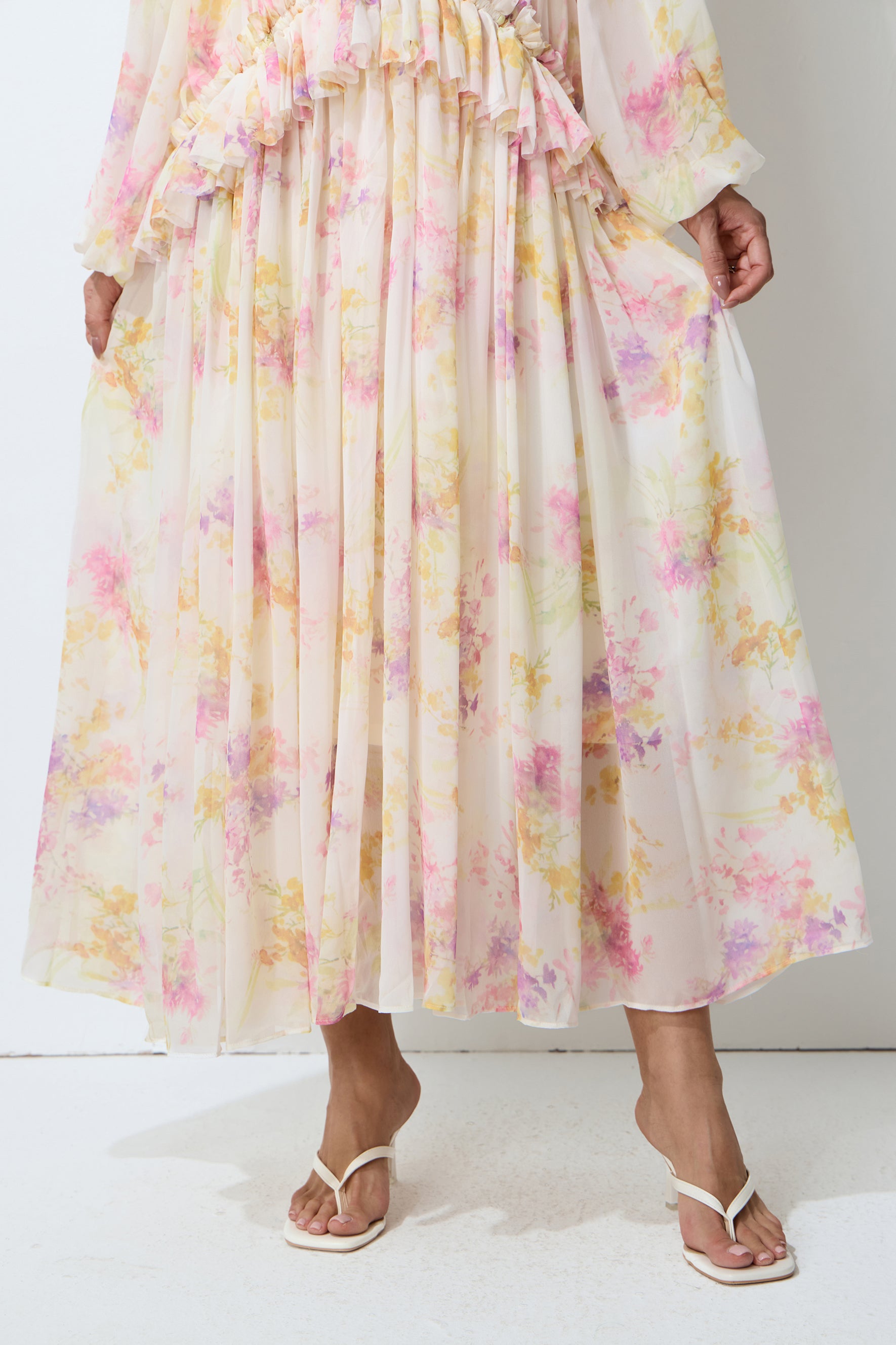 Always Yours Apricot Floral Print Lantern Sleeve Chiffon Maxi Dress