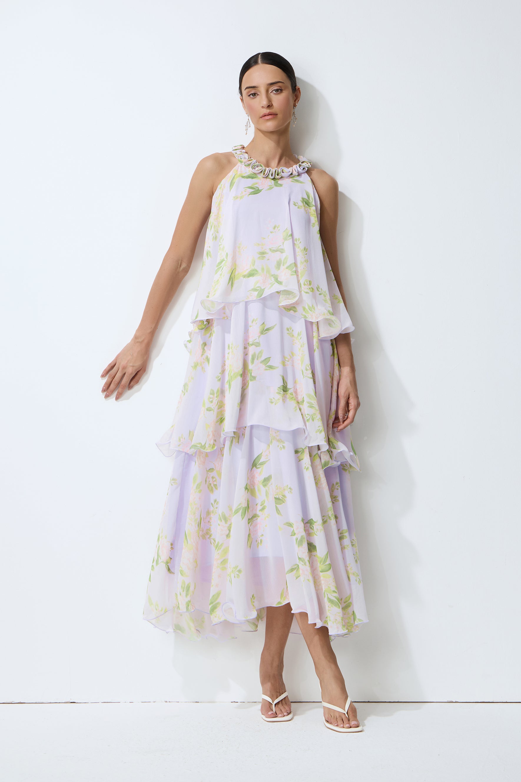 Collected Memories Purple Floral Print Layered Ruffle Maxi Dress