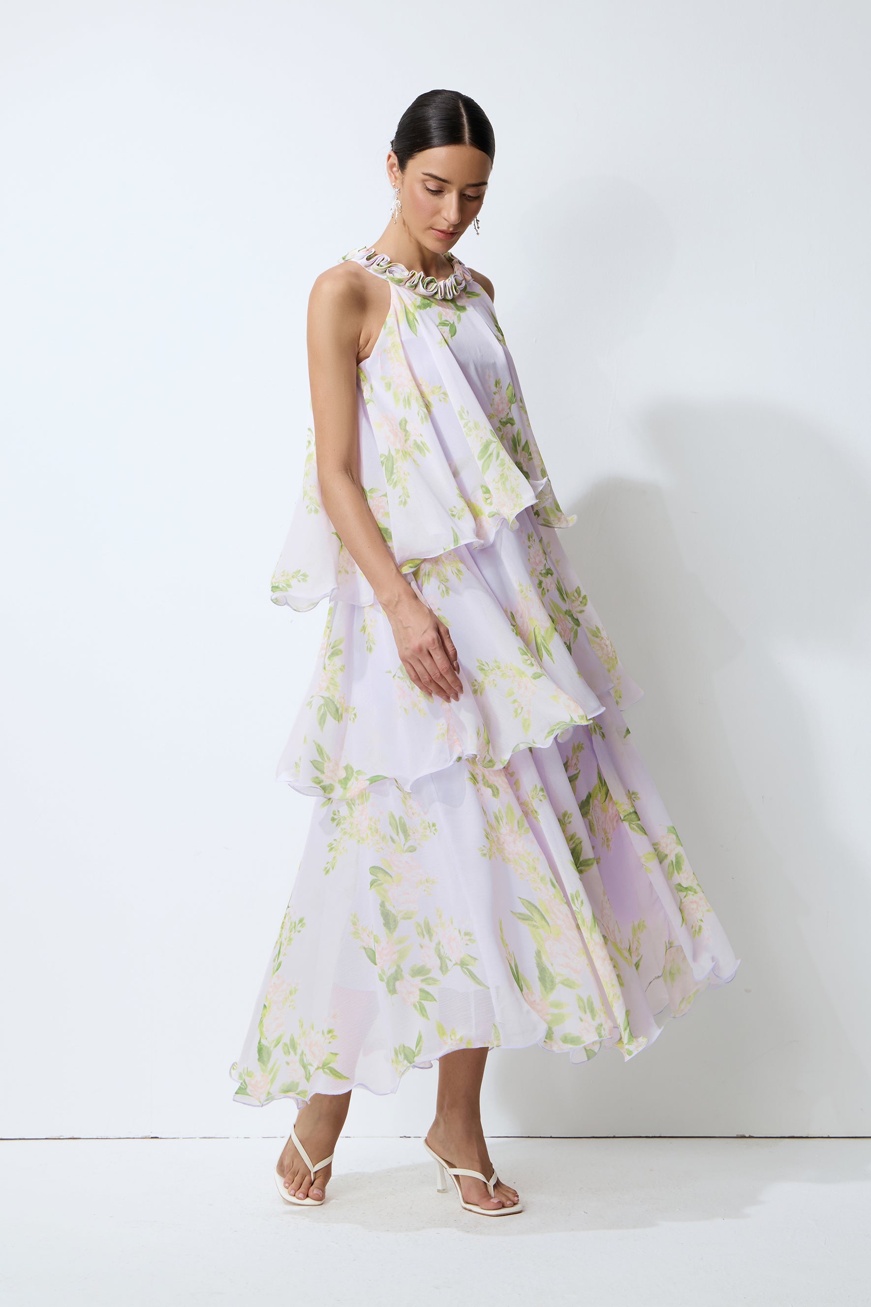 Collected Memories Purple Floral Print Layered Ruffle Maxi Dress