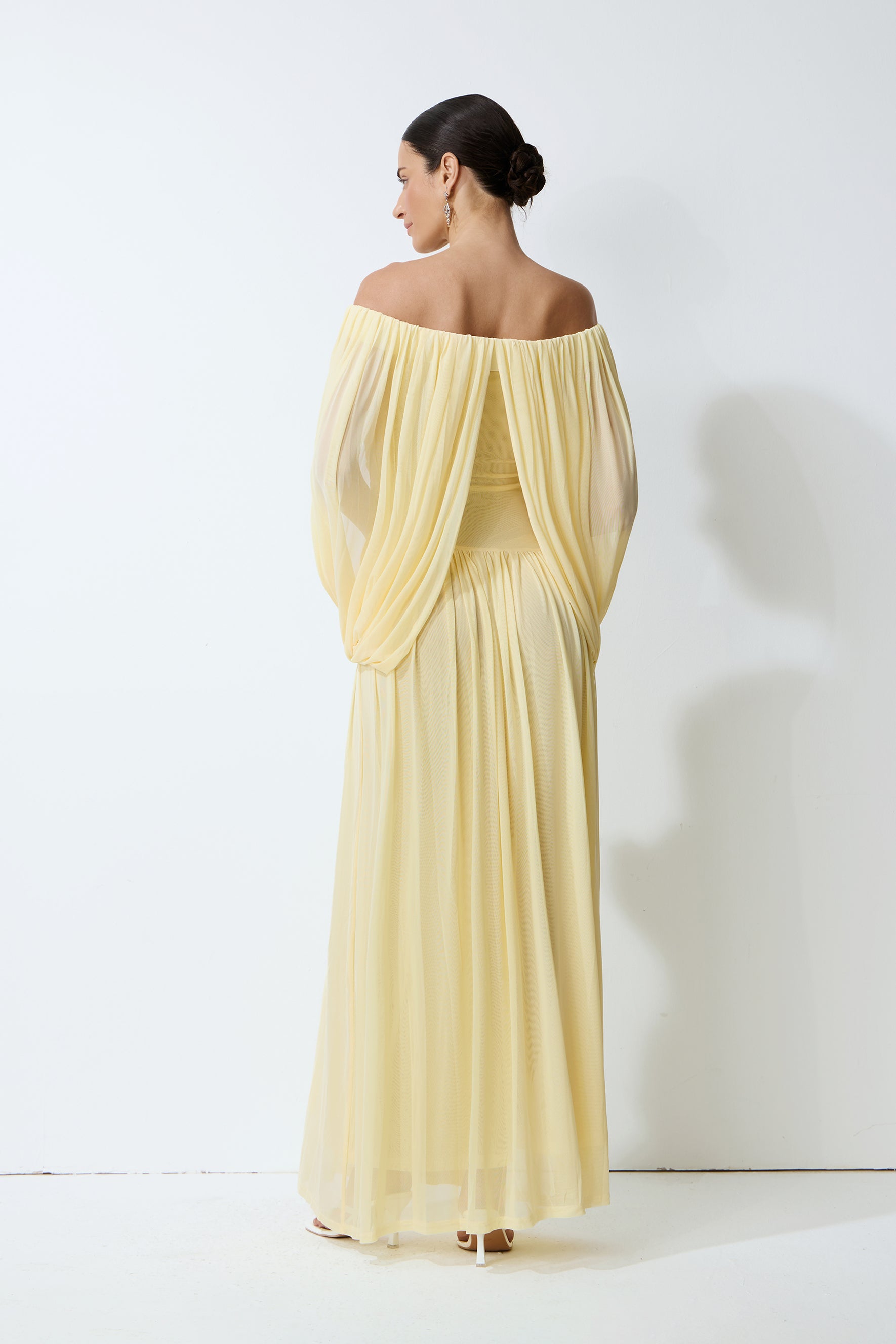 Slow Dance Yellow Off-Shoulder Draped Maxi Dress