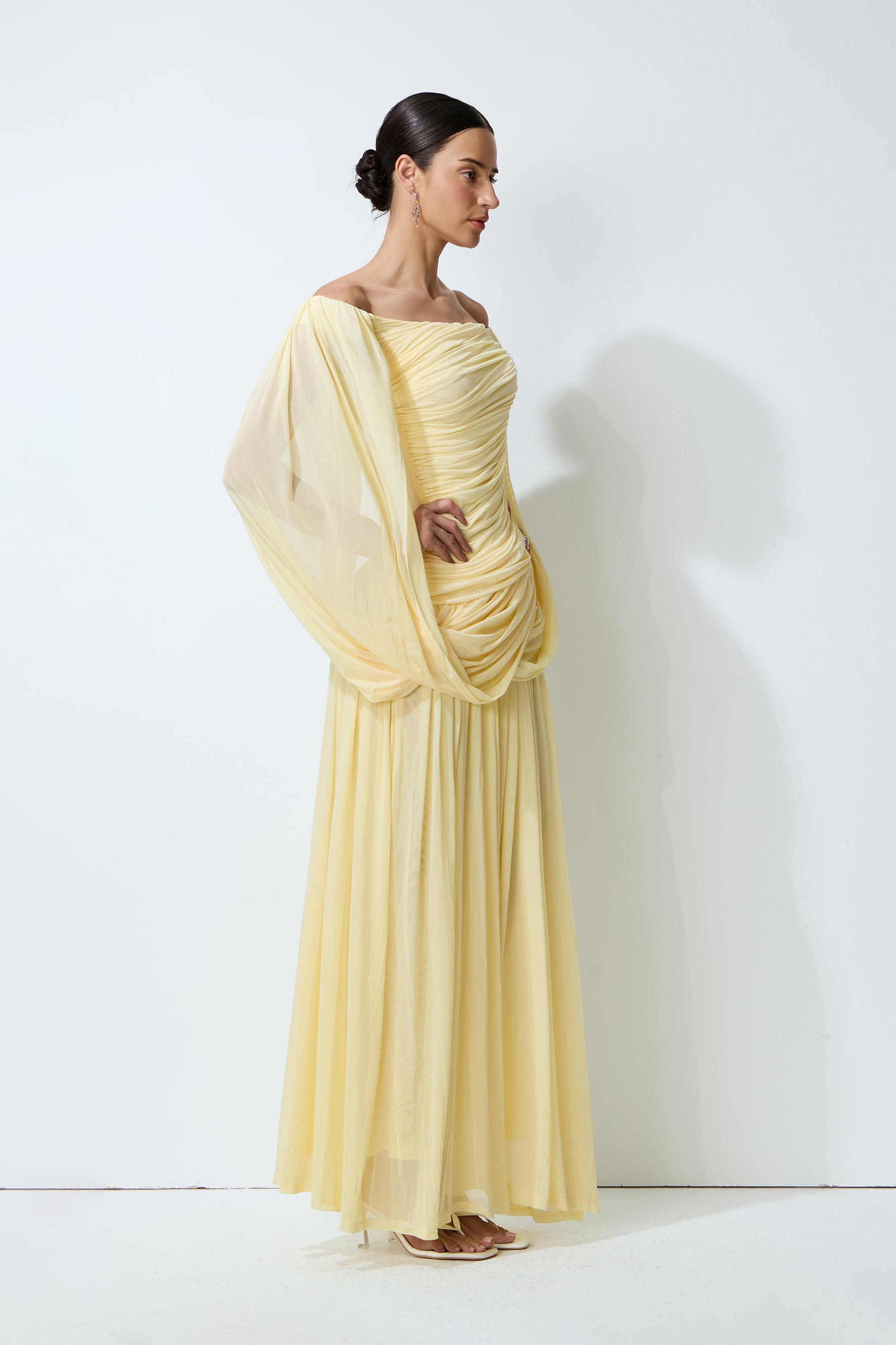 Slow Dance Yellow Off-Shoulder Draped Maxi Dress