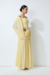 Slow Dance Yellow Off-Shoulder Draped Maxi Dress