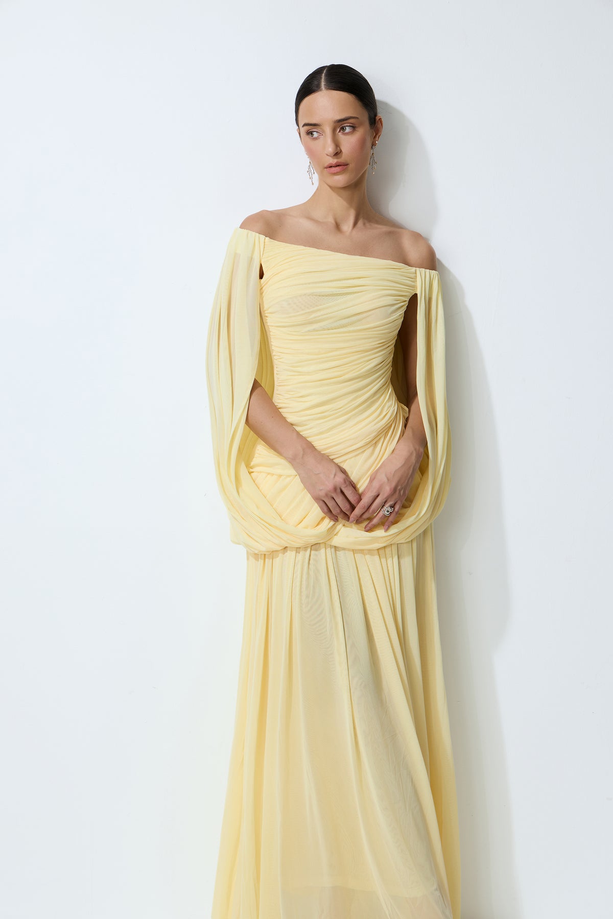 Slow Dance Yellow Off-Shoulder Draped Maxi Dress