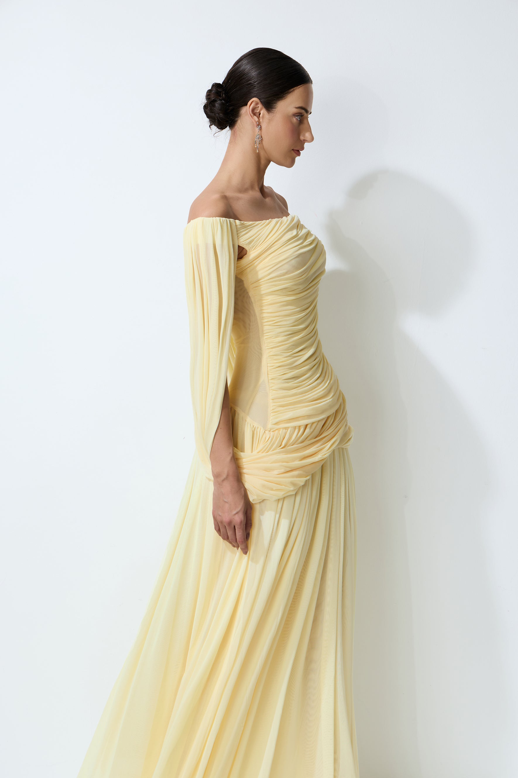 Slow Dance Yellow Off-Shoulder Draped Maxi Dress