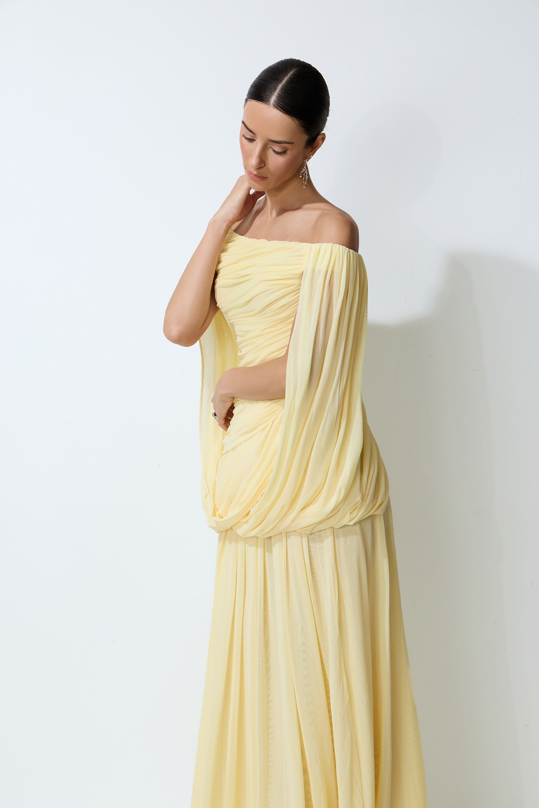 Slow Dance Yellow Off-Shoulder Draped Maxi Dress