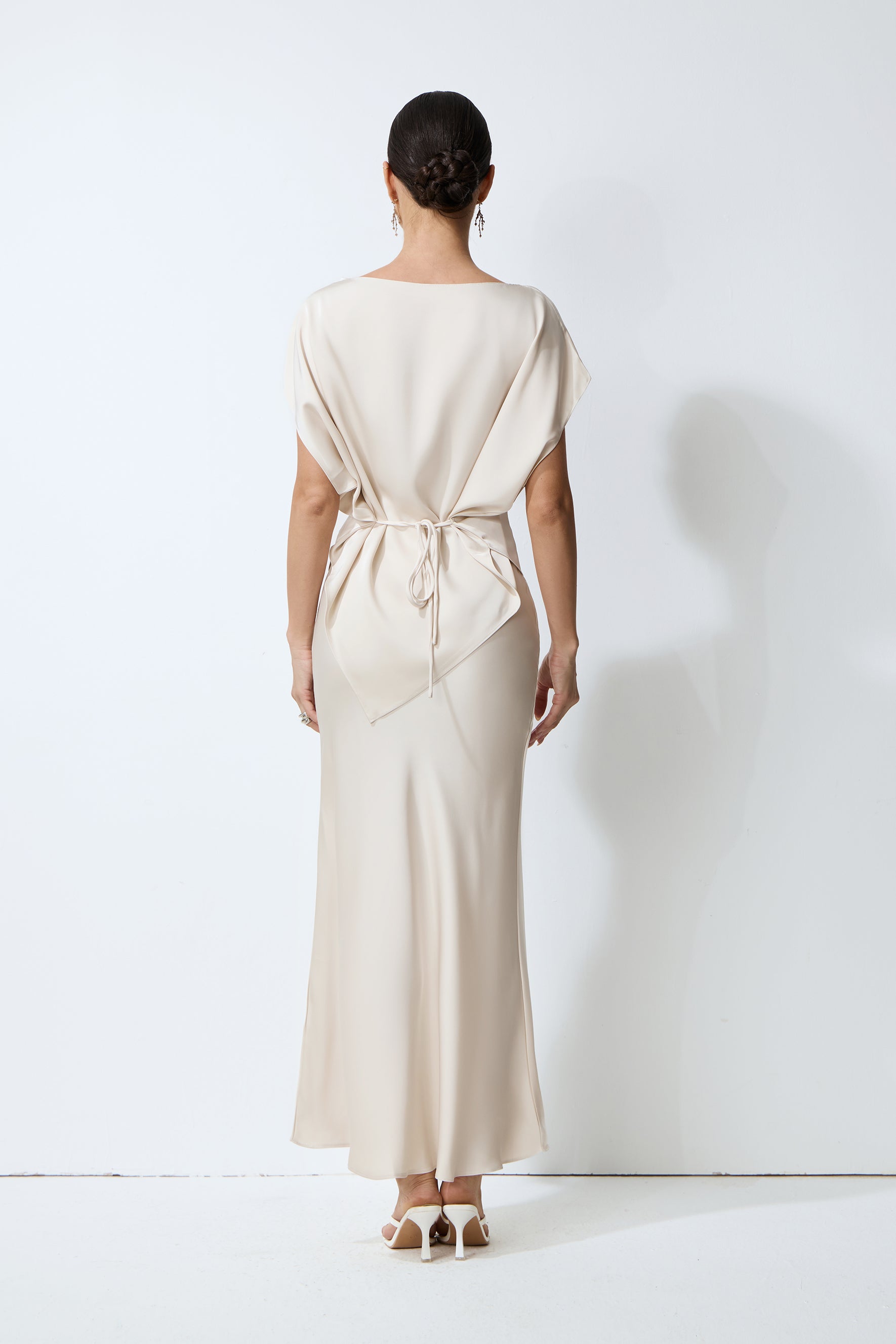 Purely Elegant Beige Lace-Trim Asymmetric Satin Top & Skirt Set