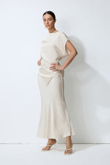 Purely Elegant Beige Lace-Trim Asymmetric Satin Top & Skirt Set